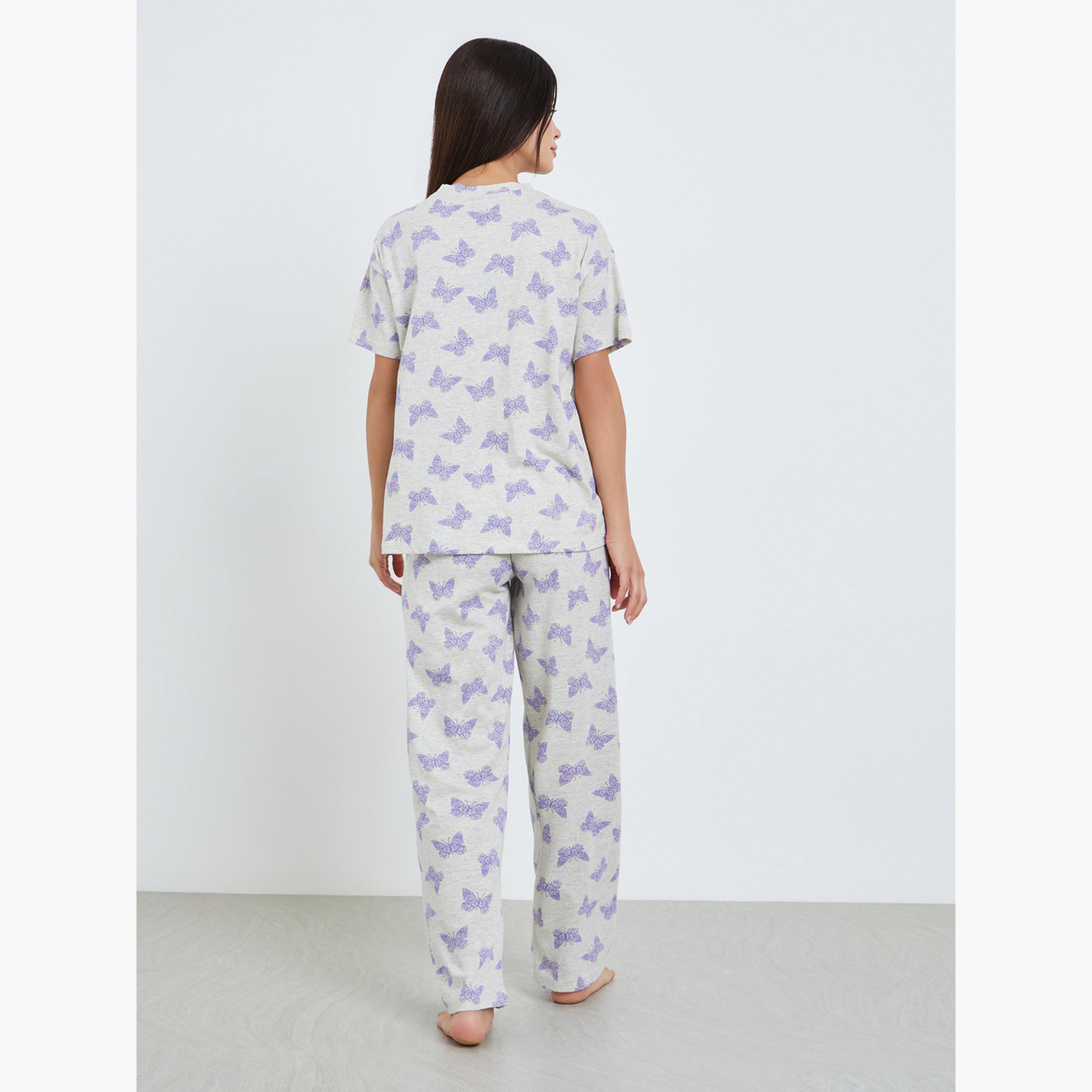 Styli Women Butterfly Print T-Shirt and Pyjama Set-women-clothing-nightwear-pyjamas-longsets-image-5