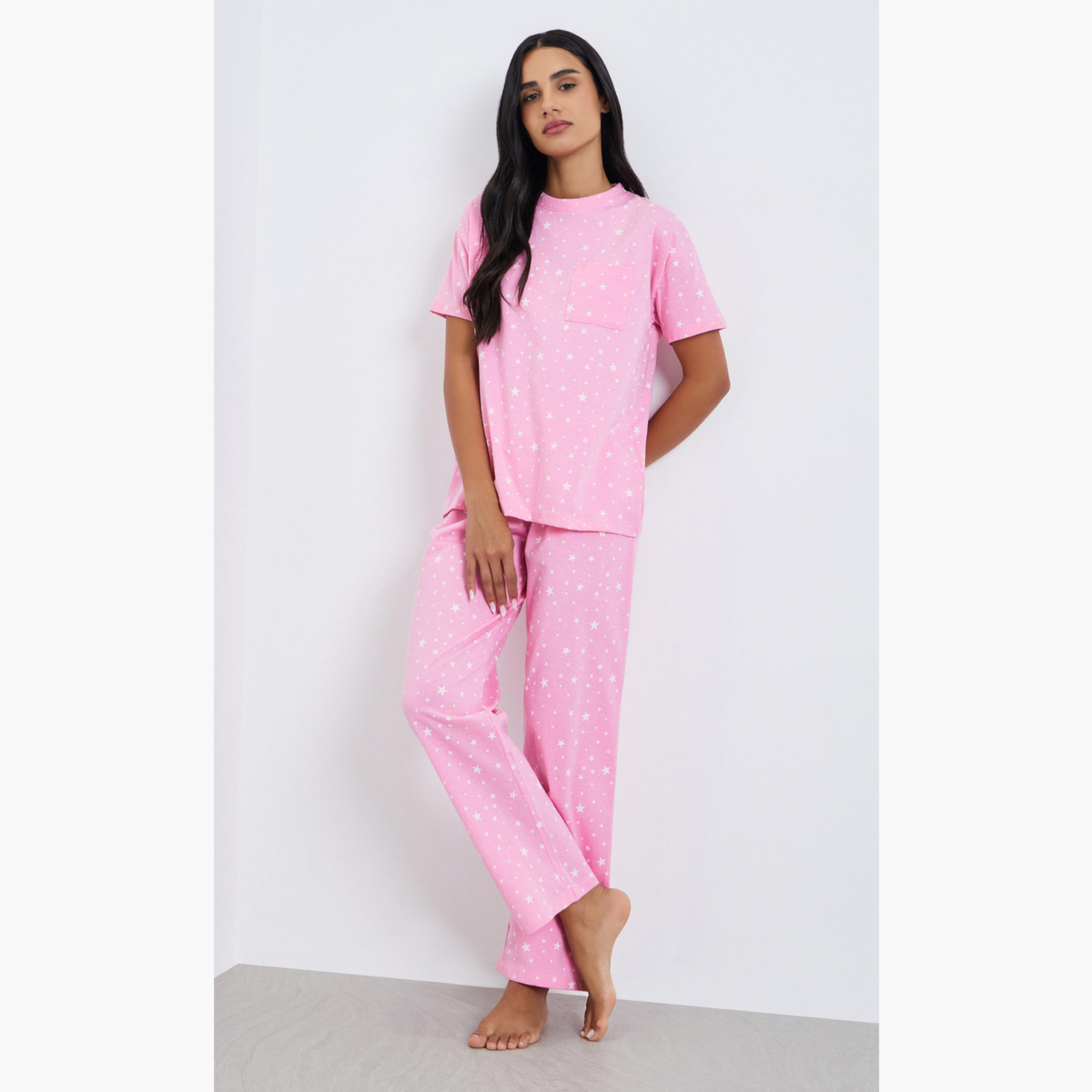 Styli Star Print Round Neck T-Shirt and Pyjama Set-women-clothing-nightwear-pyjamas-longsets-image-1