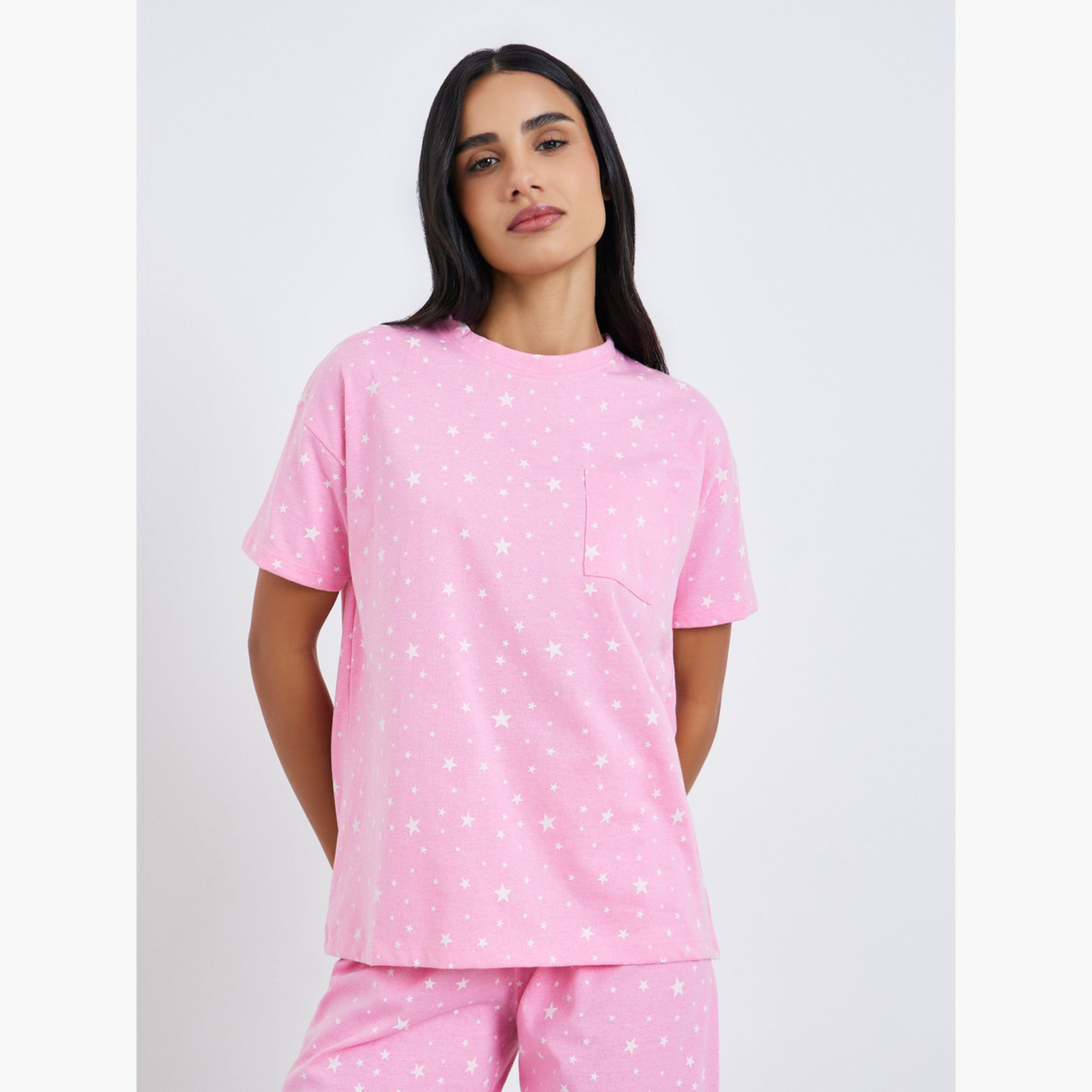 Styli Star Print Round Neck T-Shirt and Pyjama Set-women-clothing-nightwear-pyjamas-longsets-image-2
