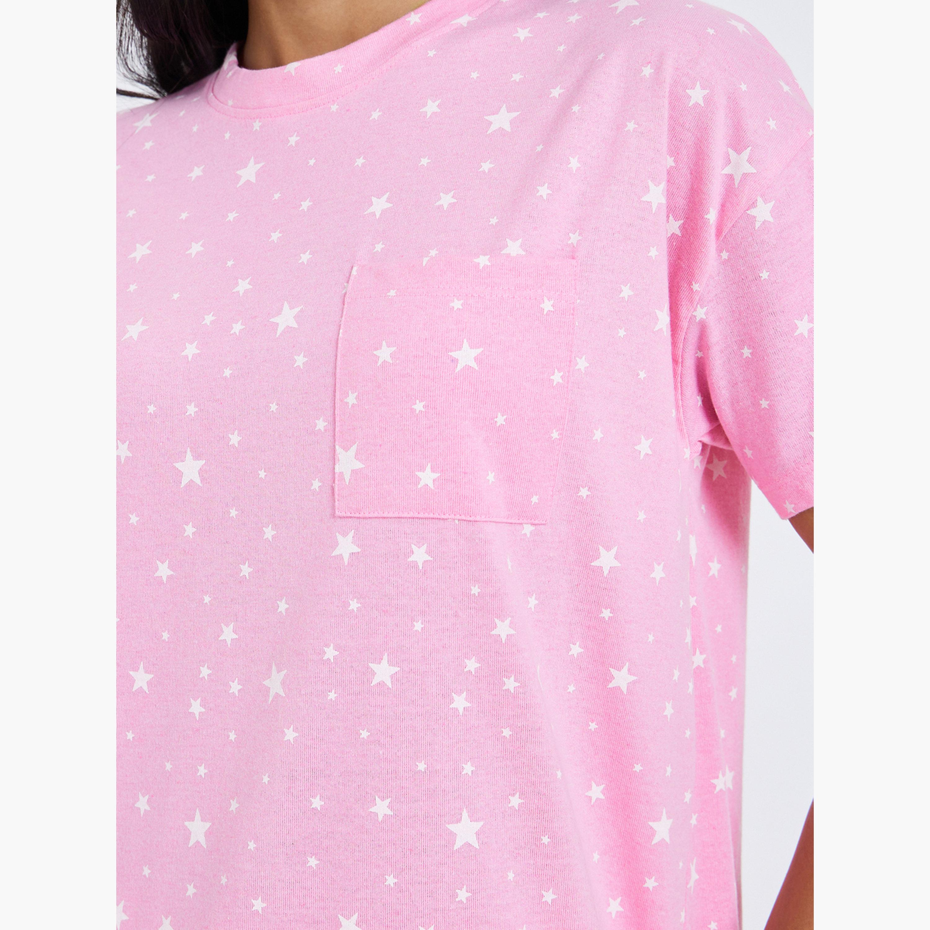 Styli Star Print Round Neck T-Shirt and Pyjama Set-women-clothing-nightwear-pyjamas-longsets-image-3