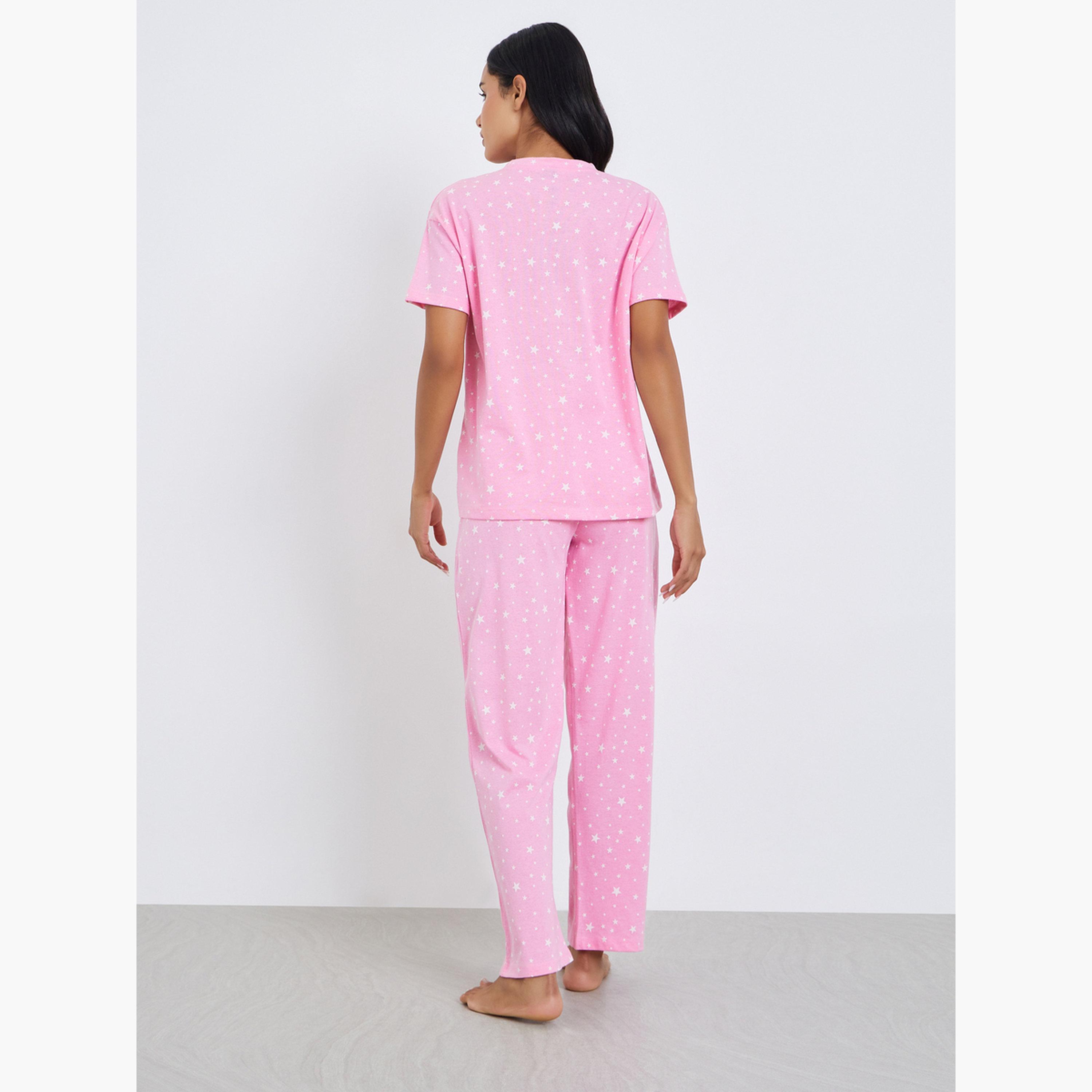 Styli Star Print Round Neck T-Shirt and Pyjama Set-women-clothing-nightwear-pyjamas-longsets-image-5