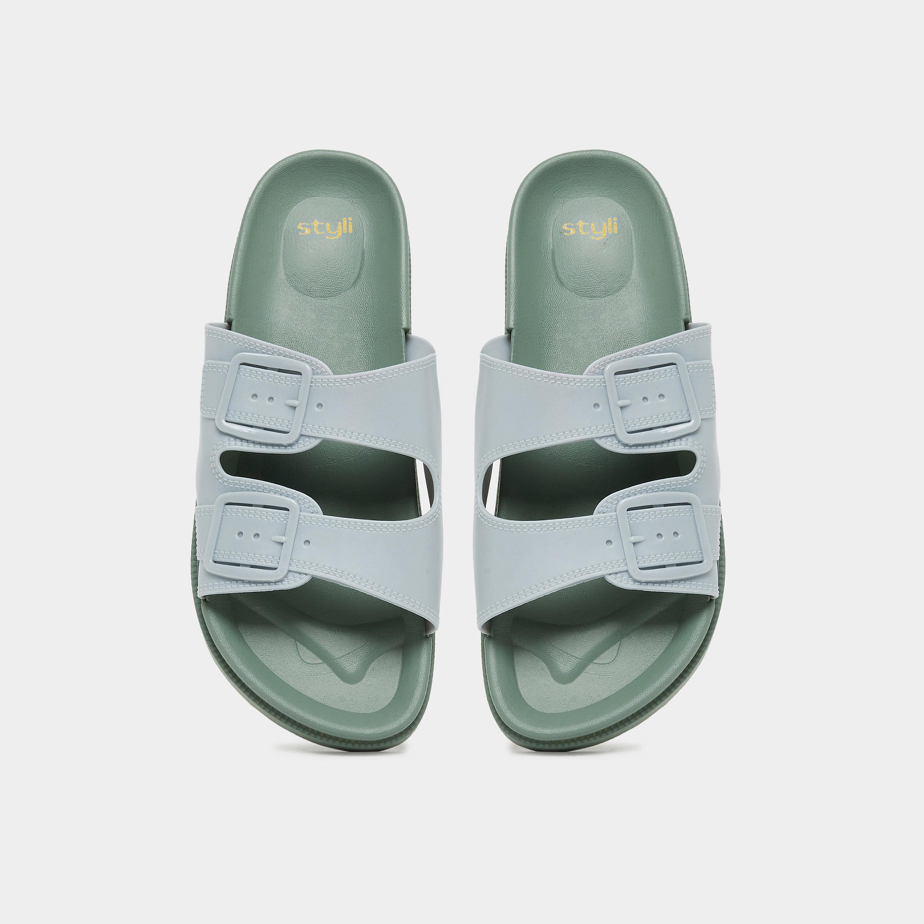 ستايلي - شبشب نسائي أزرق بتفاصيل مشبك-women-shoes-flats-slides-image-3