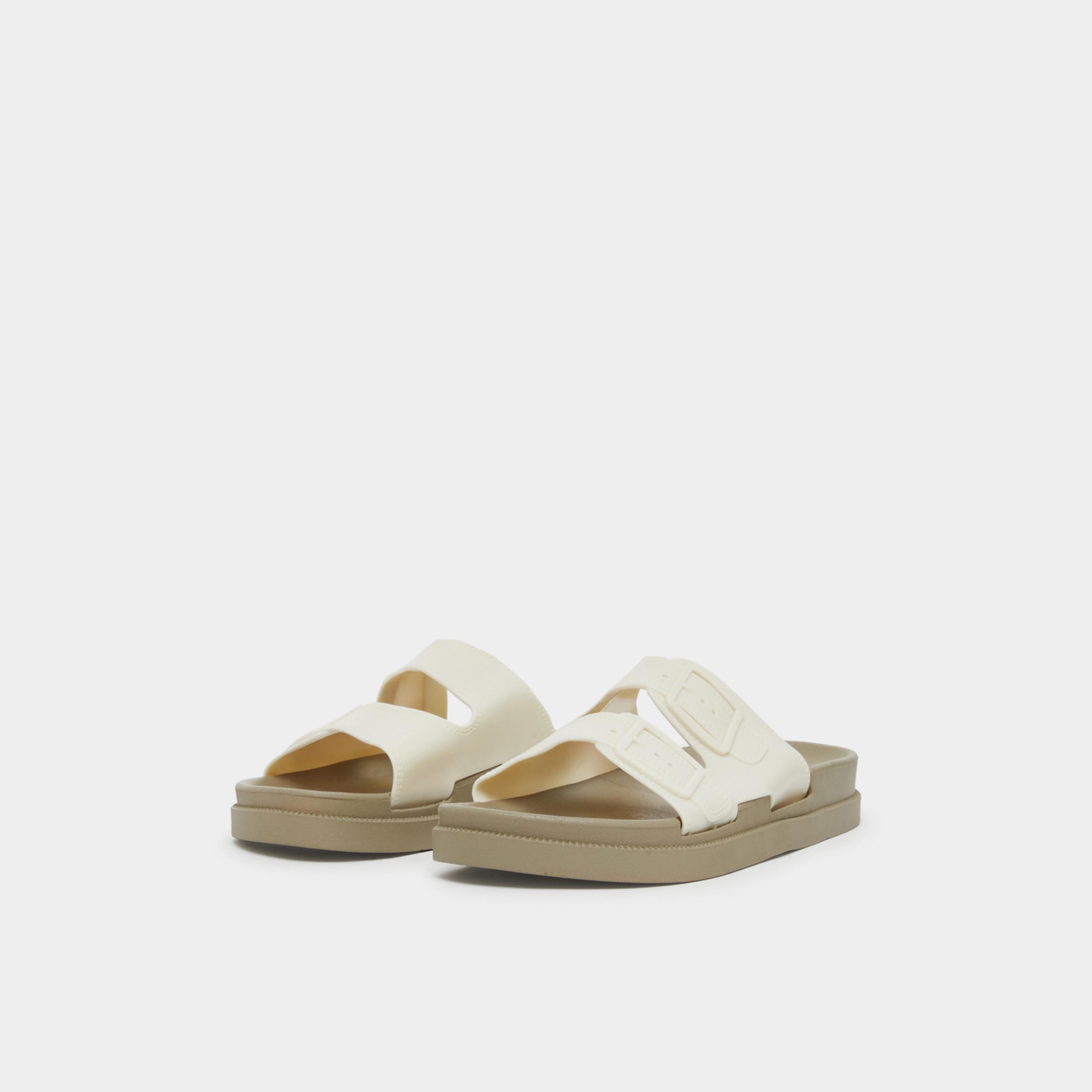 Styli Womens Beige Buckle Detail Slides-women-shoes-flats-slides-image-1