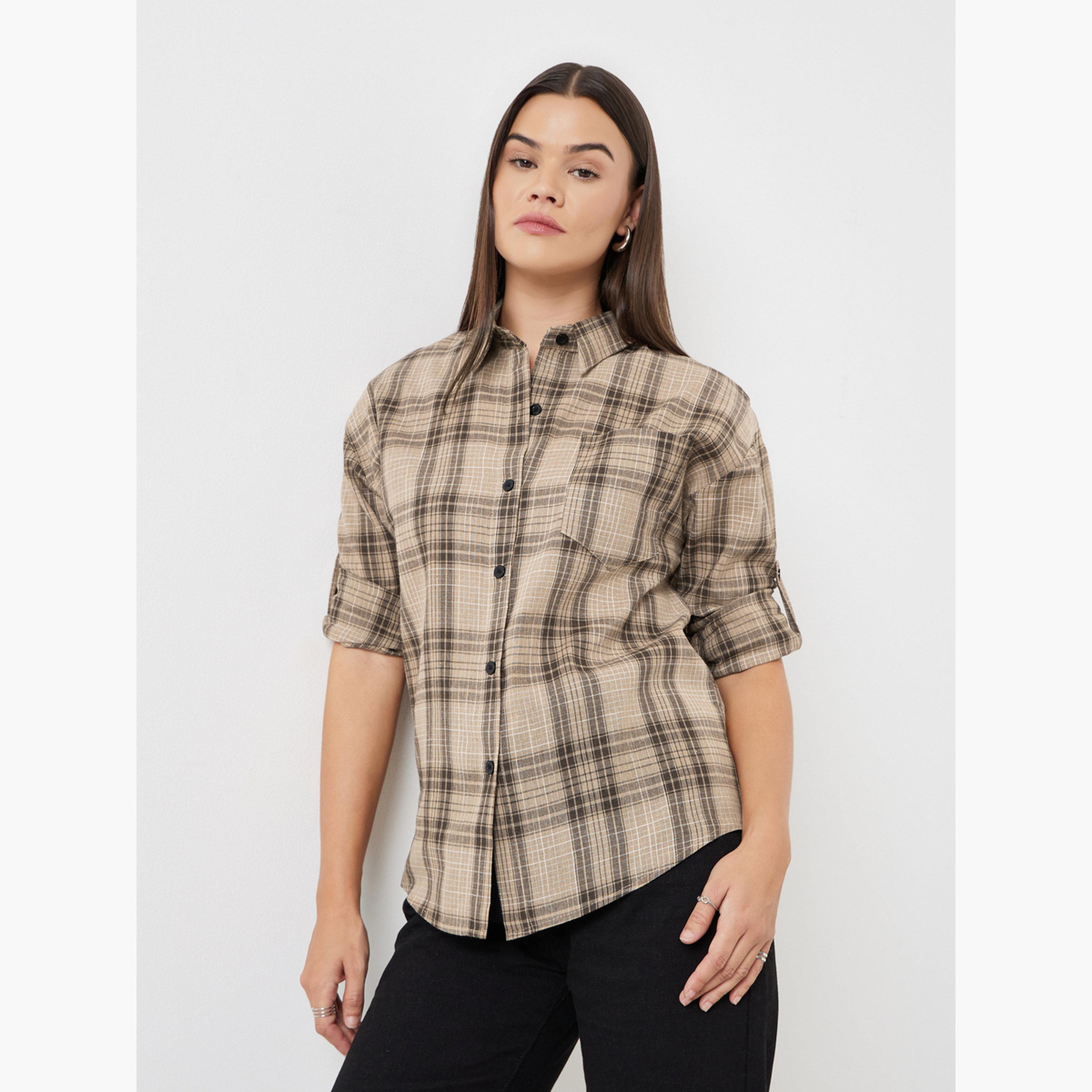 Styli Brown Checked Long Sleeve Shirt-women-clothing-shirtsandblouses-shirts-image-1