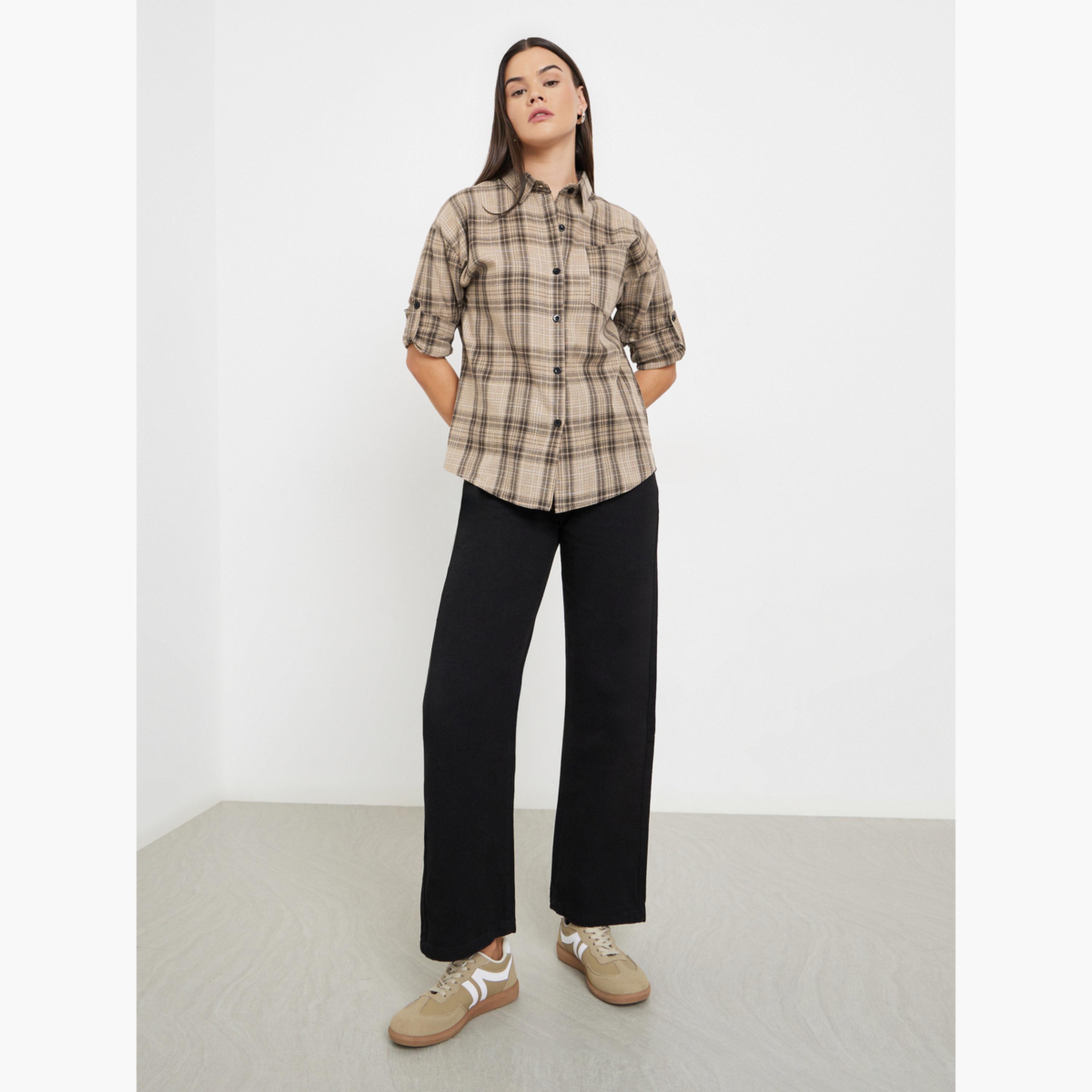 ستايلي - قميص بني منقوش بأكمام طويلة-women-clothing-shirtsandblouses-shirts-image-2