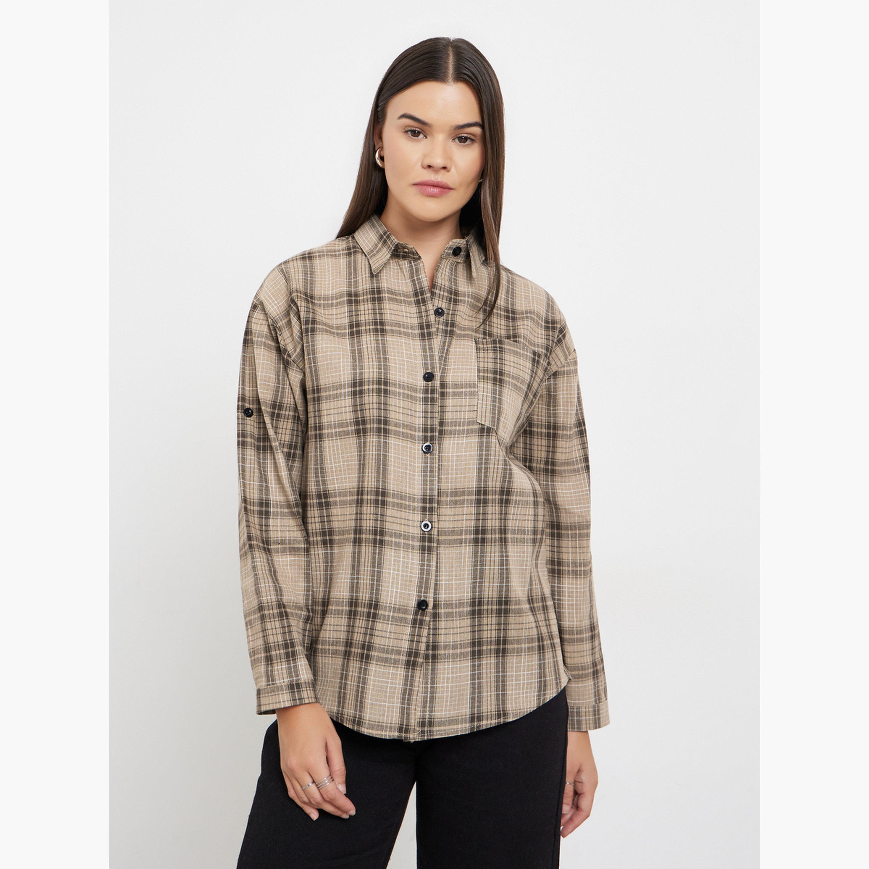 Styli Brown Checked Long Sleeve Shirt-women-clothing-shirtsandblouses-shirts-image-3