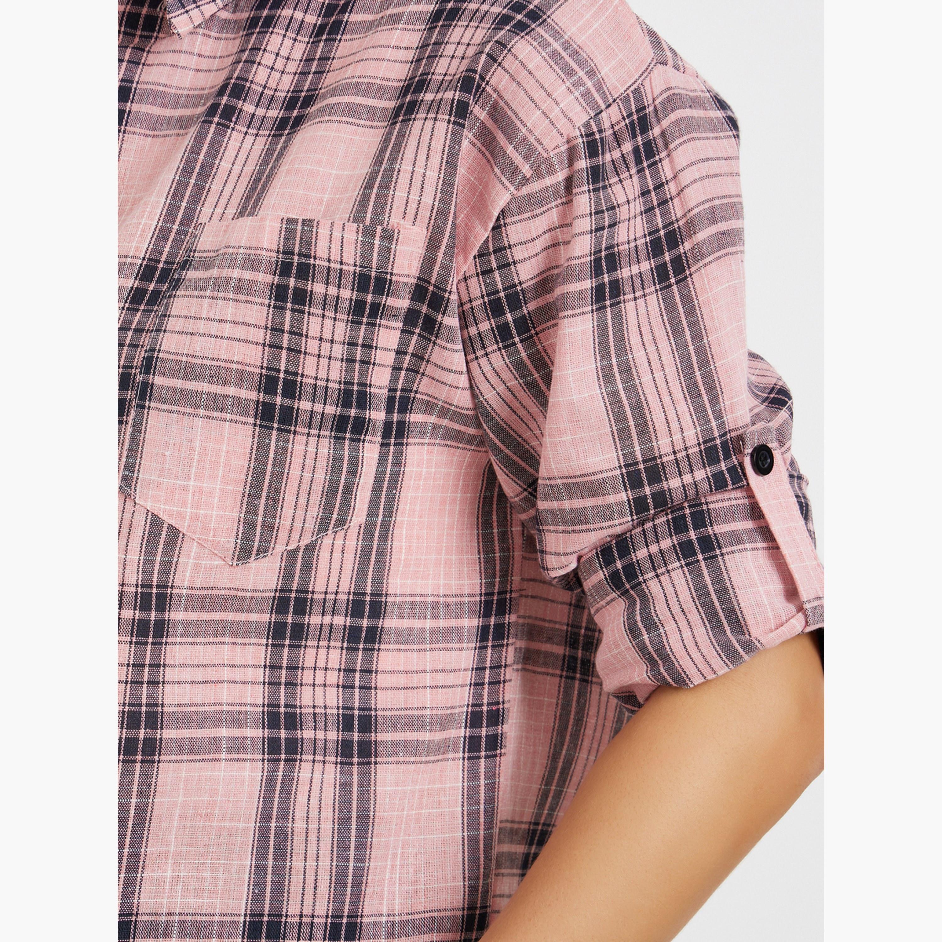 Styli Pink Checked Long Sleeve Shirt-women-clothing-shirtsandblouses-shirts-image-4