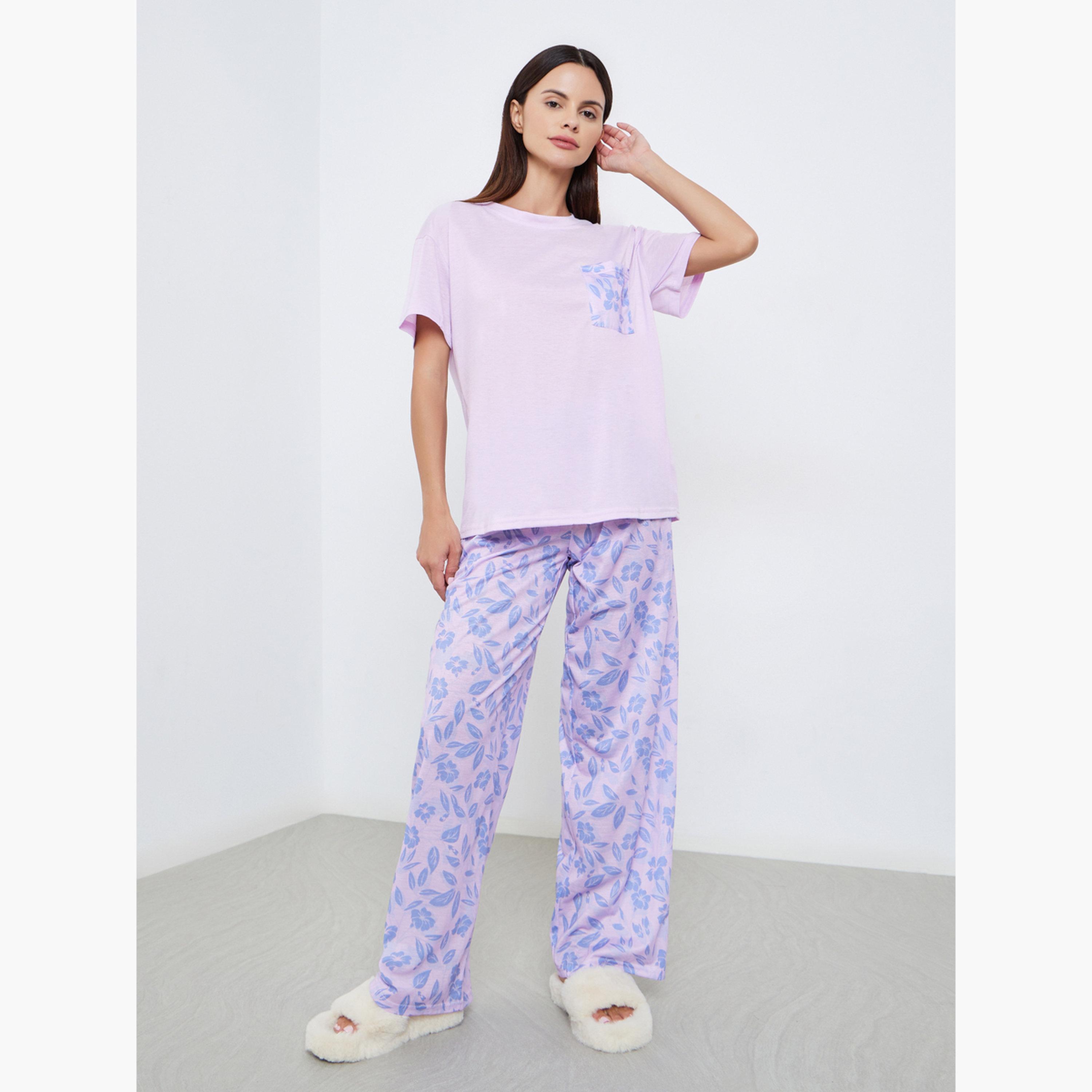 ستايلي - بيجاما بطبعة زهور بجيوب وأكتاف منخفضة-women-clothing-nightwear-pyjamas-longsets-image-1