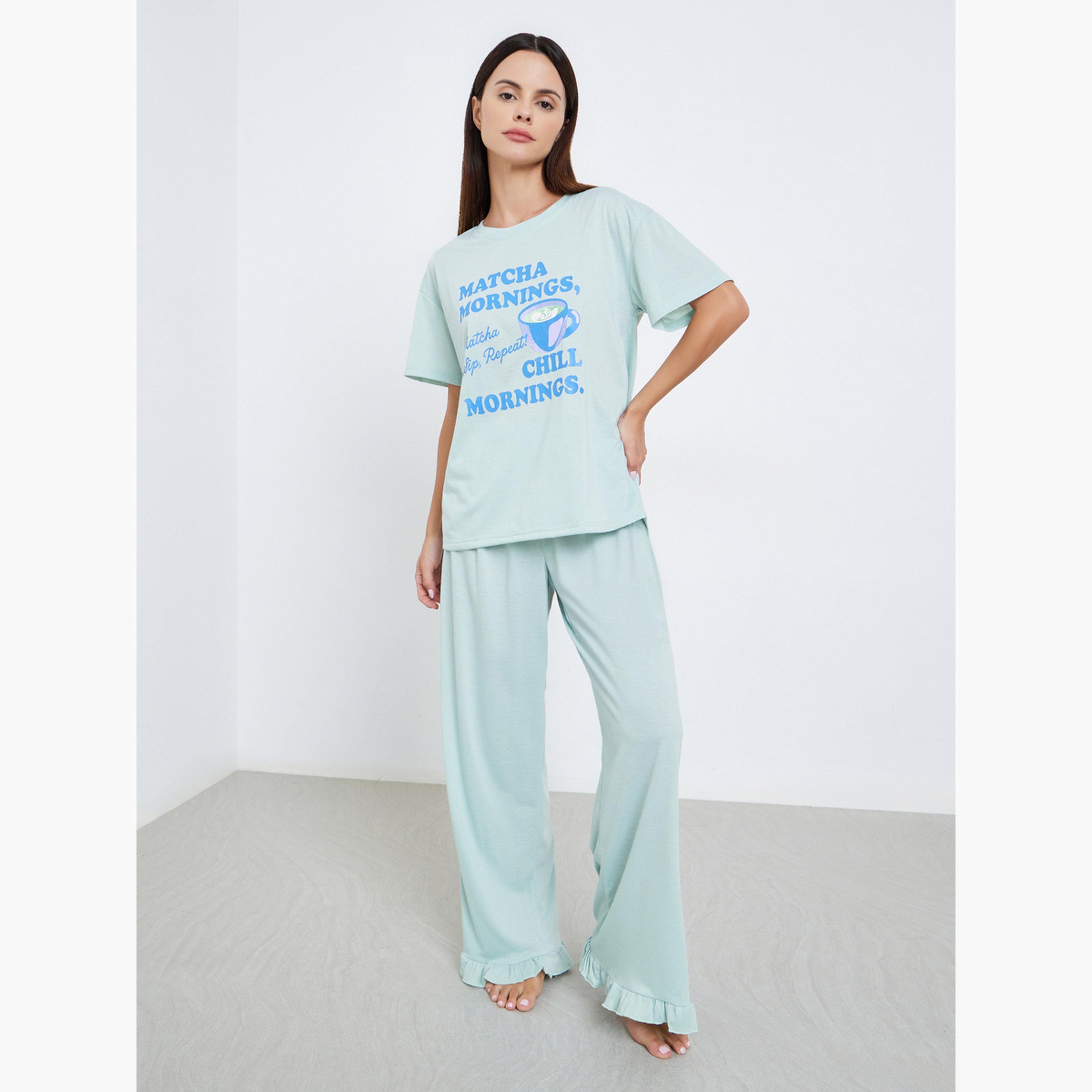 Styli Match Graphic Drop Shoulder T-Shirt and Ruffle Pyjama Set-women-clothing-nightwear-pyjamas-longsets-image-1