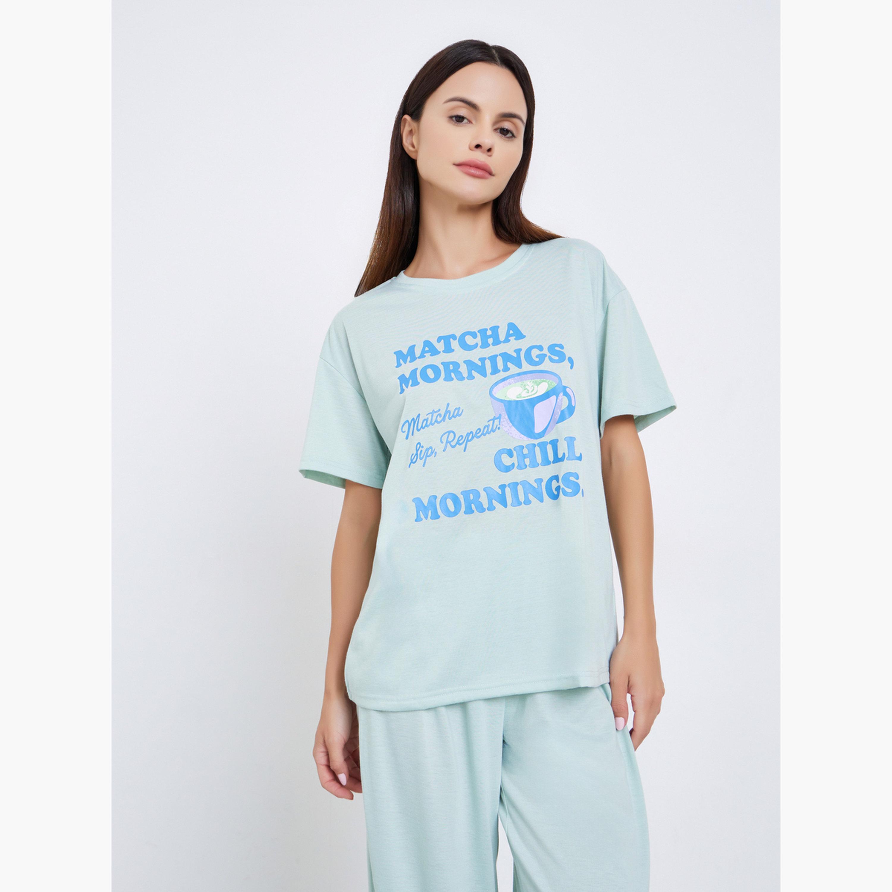 Styli Match Graphic Drop Shoulder T-Shirt and Ruffle Pyjama Set-women-clothing-nightwear-pyjamas-longsets-image-2