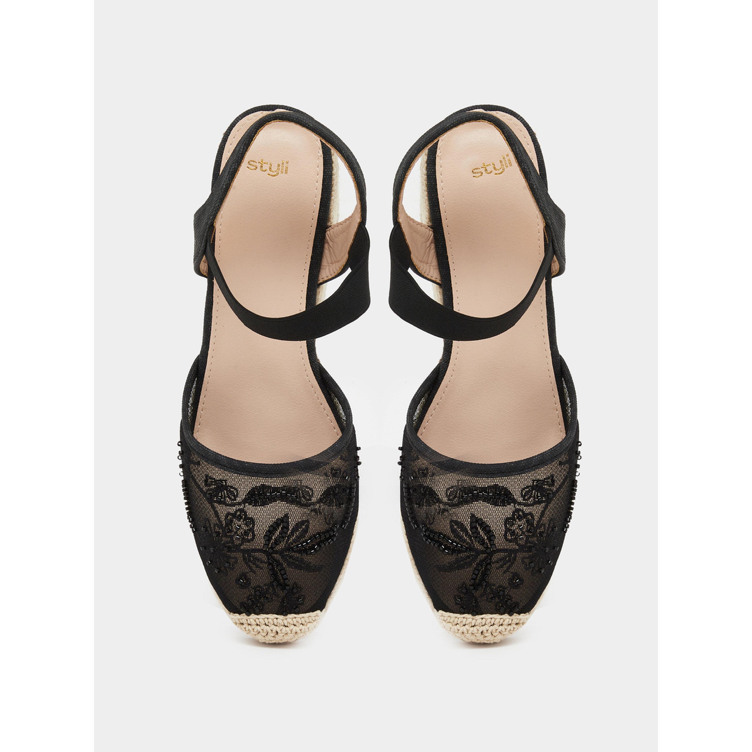 Styli Women Black Espadrille Wedge Sandals-women-shoes-sandals-heeled-image-3