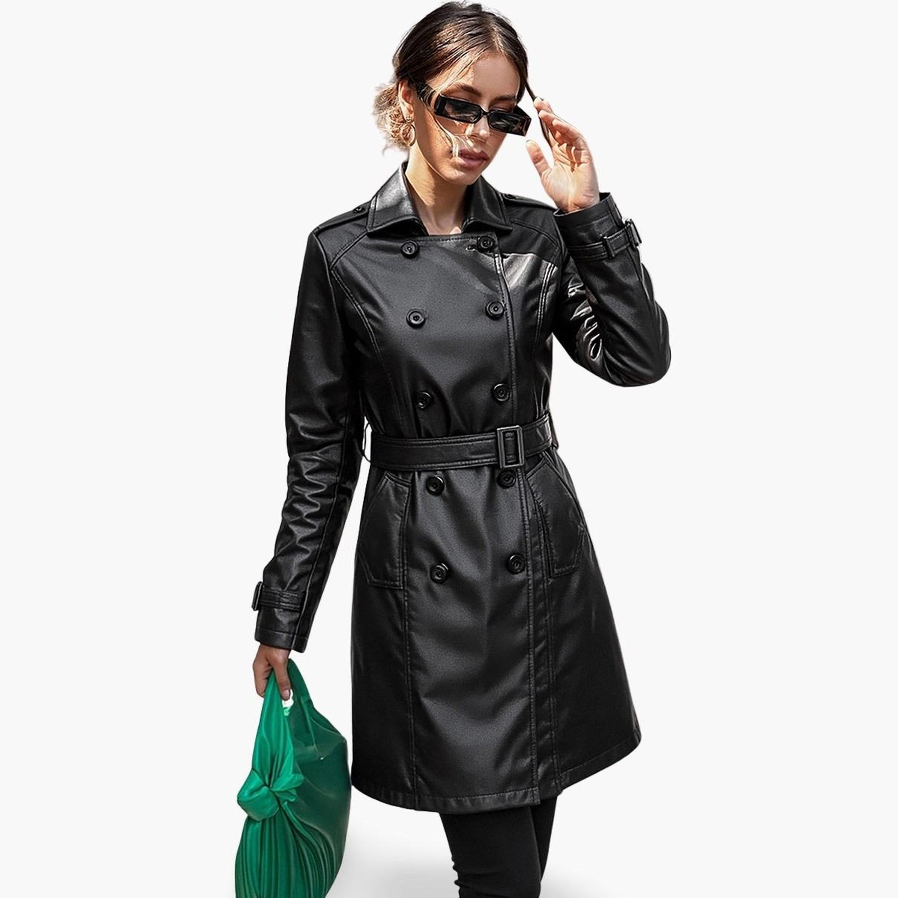 تيك تو - معطف ترنش نسائي أسود بأكمام طويلة من الجلد الصناعي متوسط ​​الطول وأزرار-women-winterwear-coatsandjackets-coats-image-1