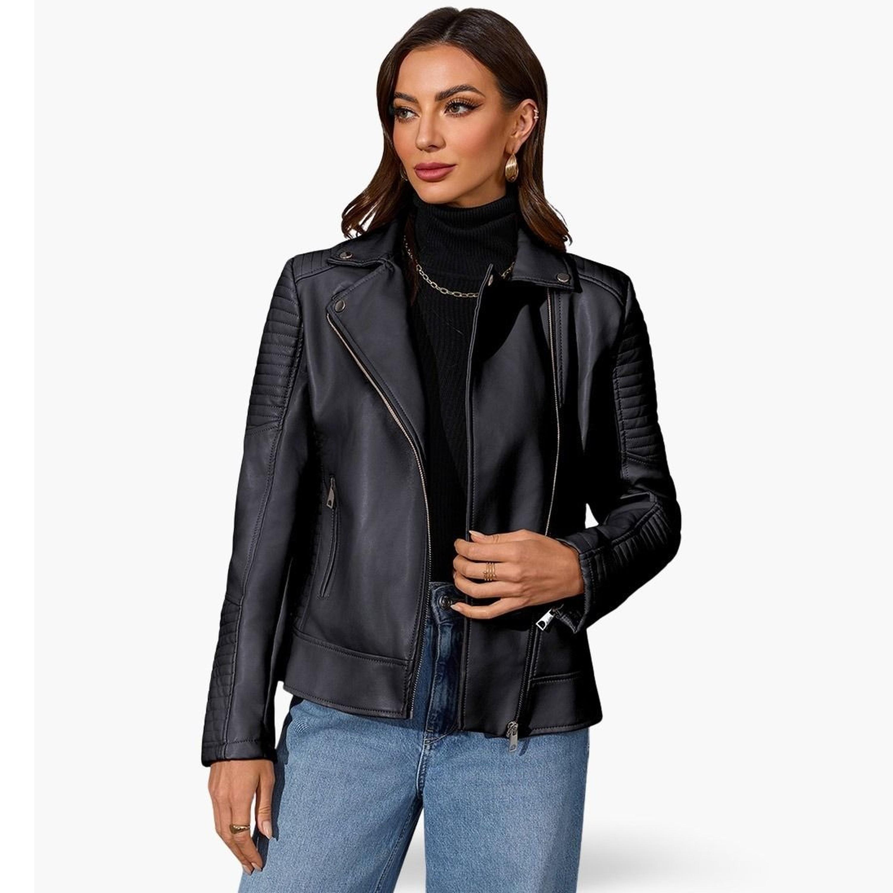 تيك تو - جاكيت بايكر نسائي بسحاب وياقة وأكمام طويلة-women-winterwear-coatsandjackets-jackets-image-1