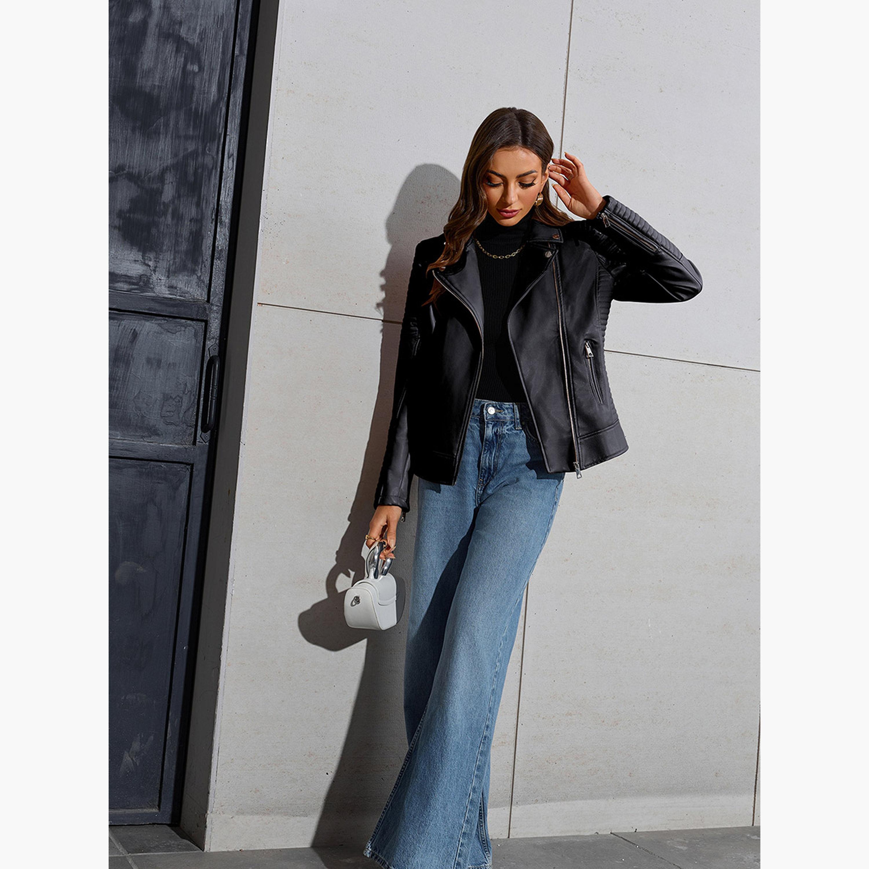 Take Two Textured Collared Long Sleeves Women's Zip Up Biker Jacket-women-winterwear-coatsandjackets-jackets-image-2