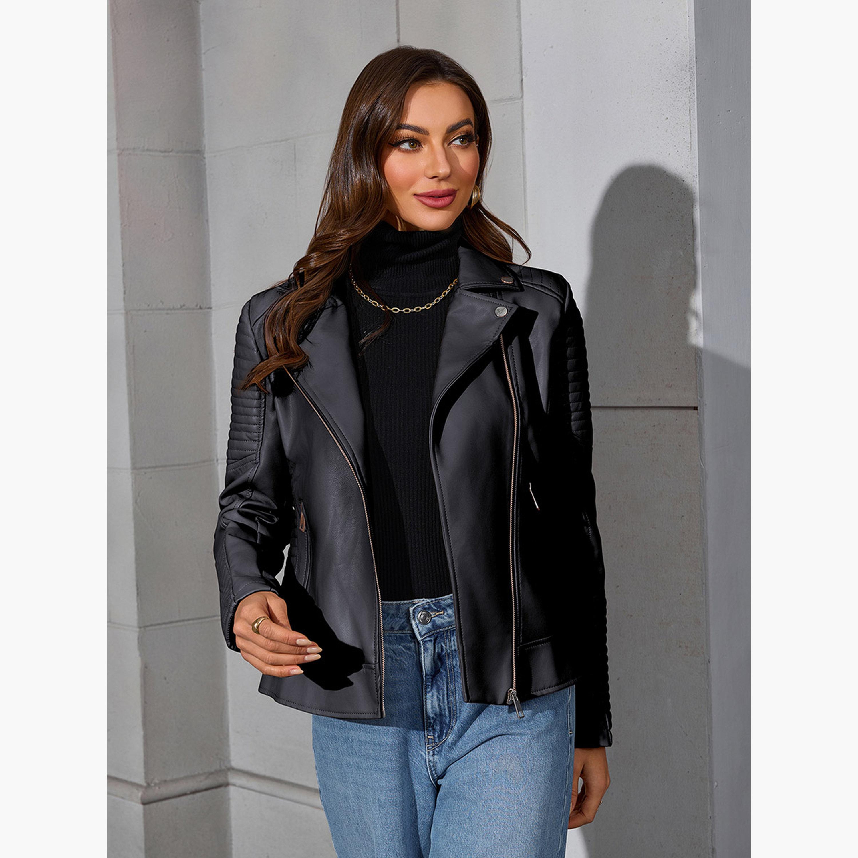 تيك تو - جاكيت بايكر نسائي بسحاب وياقة وأكمام طويلة-women-winterwear-coatsandjackets-jackets-image-3