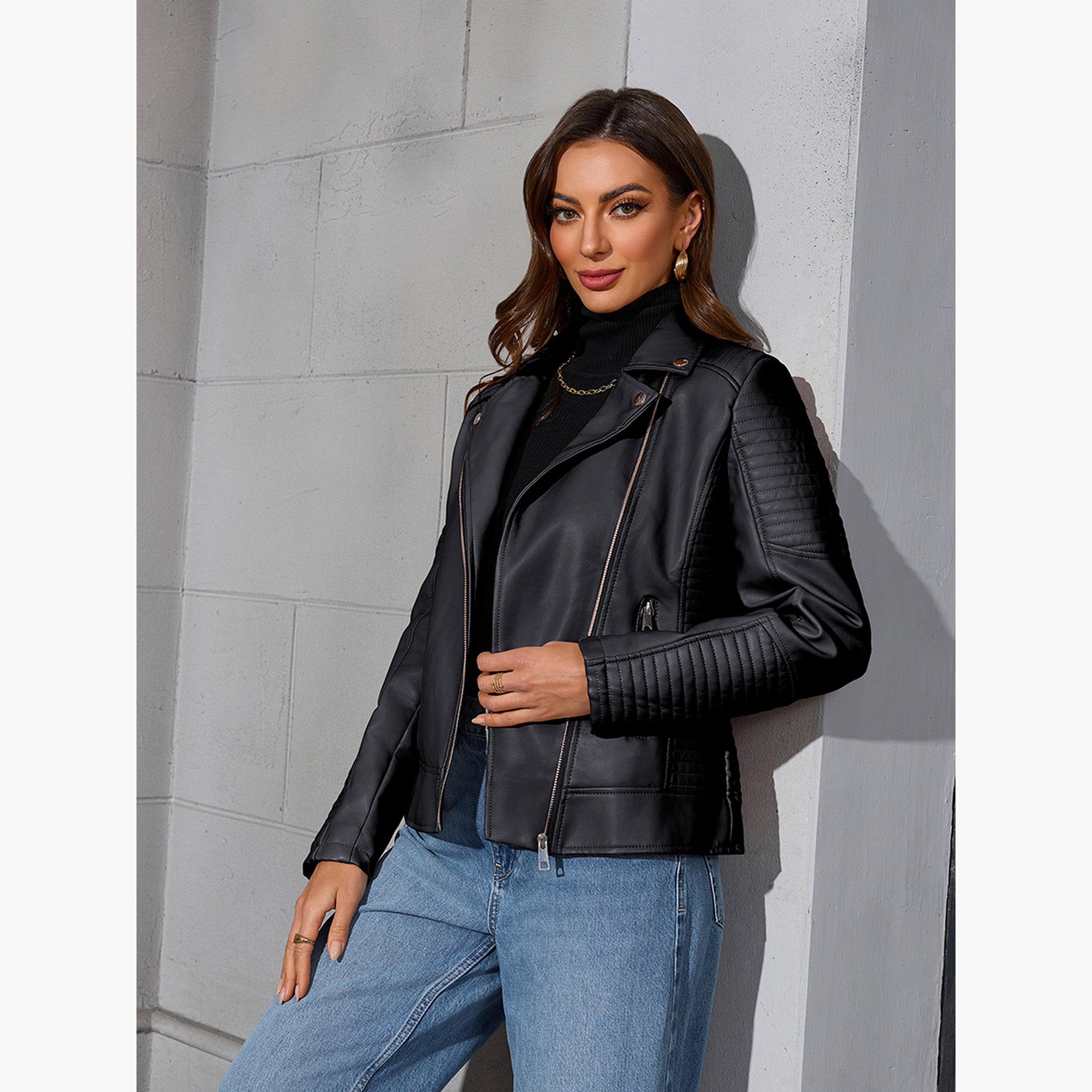 تيك تو - جاكيت بايكر نسائي بسحاب وياقة وأكمام طويلة-women-winterwear-coatsandjackets-jackets-image-4