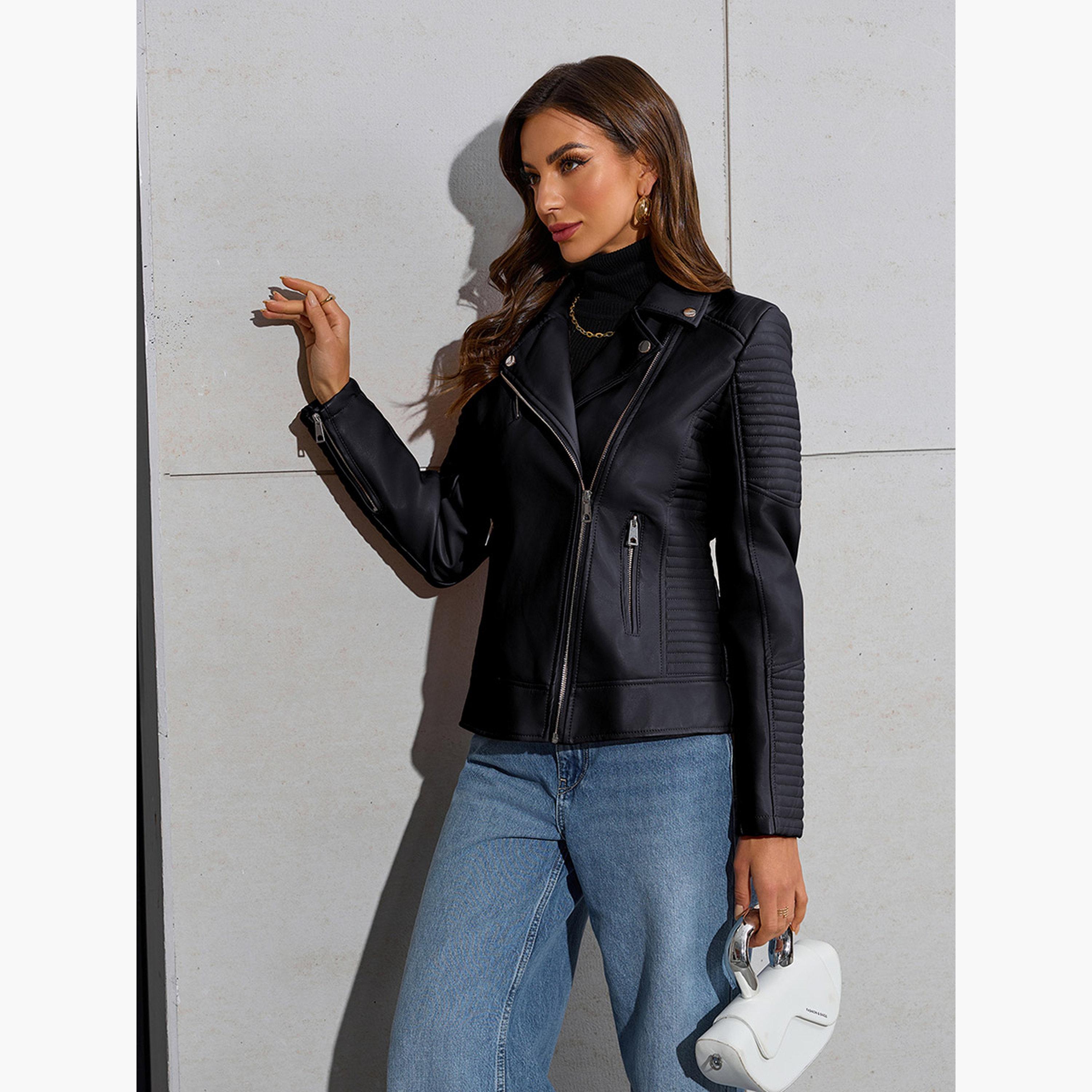 تيك تو - جاكيت بايكر نسائي بسحاب وياقة وأكمام طويلة-women-winterwear-coatsandjackets-jackets-image-5