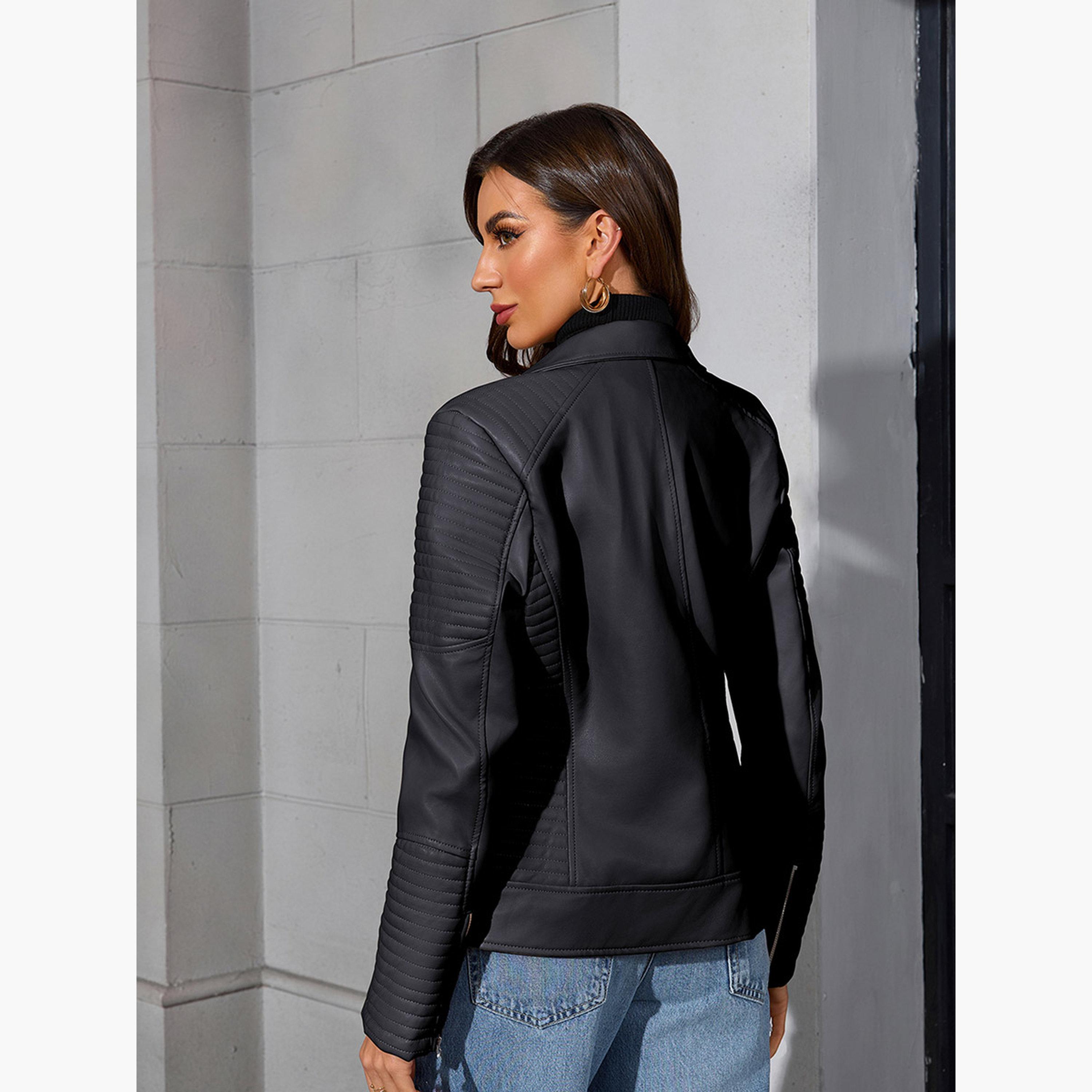 تيك تو - جاكيت بايكر نسائي بسحاب وياقة وأكمام طويلة-women-winterwear-coatsandjackets-jackets-image-6