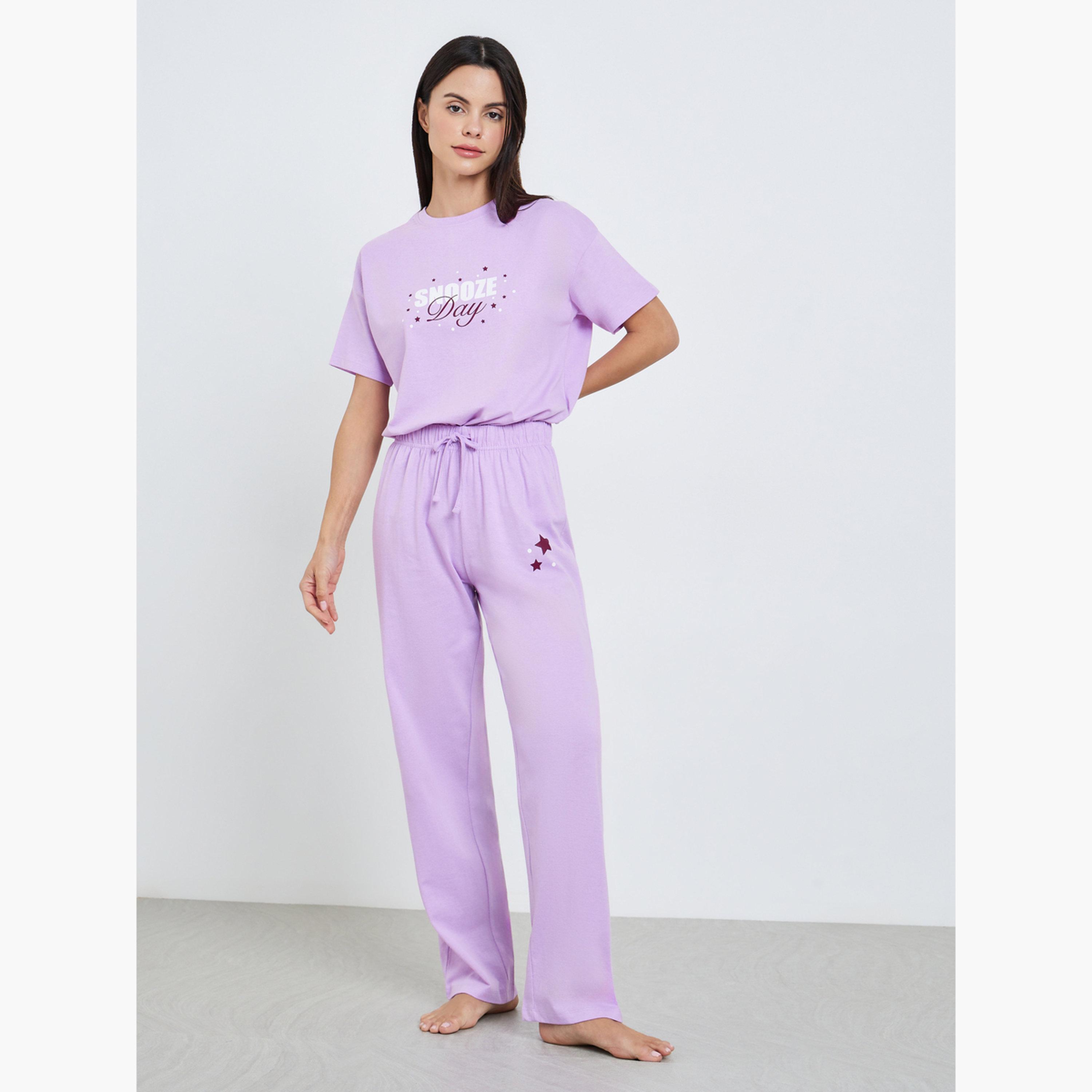 Styli Women Lilac Graphic Print T-Shirt and Pyjama Set-women-clothing-nightwear-pyjamas-longsets-image-4