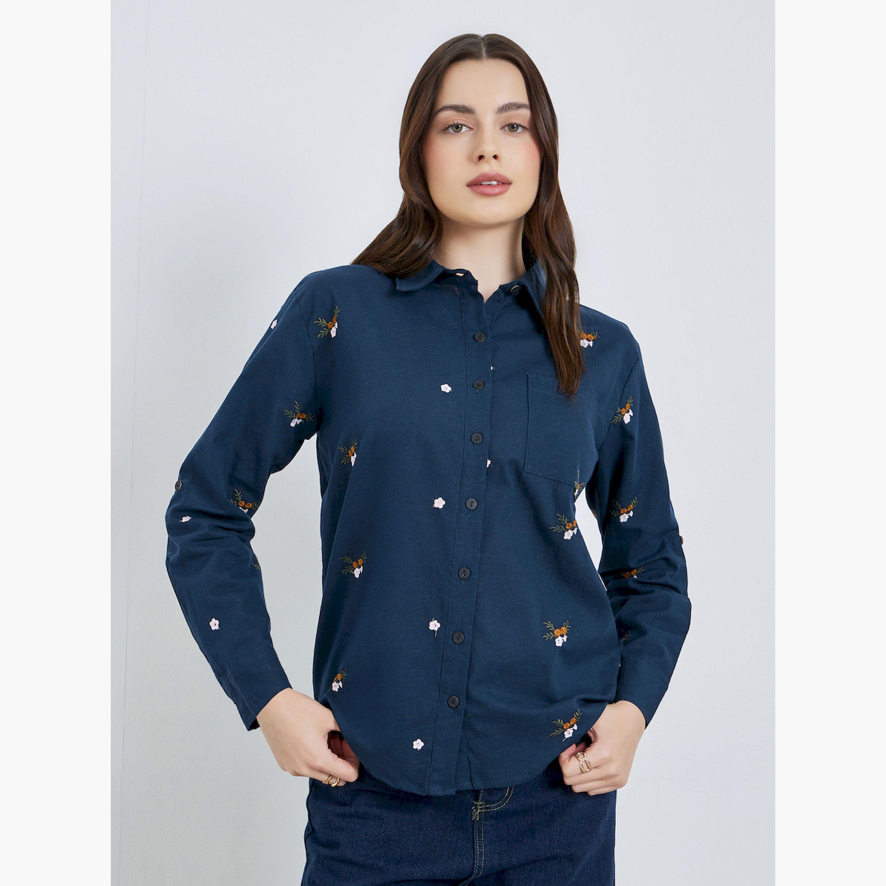 Styli Women Navy Blue Floral Embroidered Shirt-women-clothing-shirtsandblouses-shirts-image-1