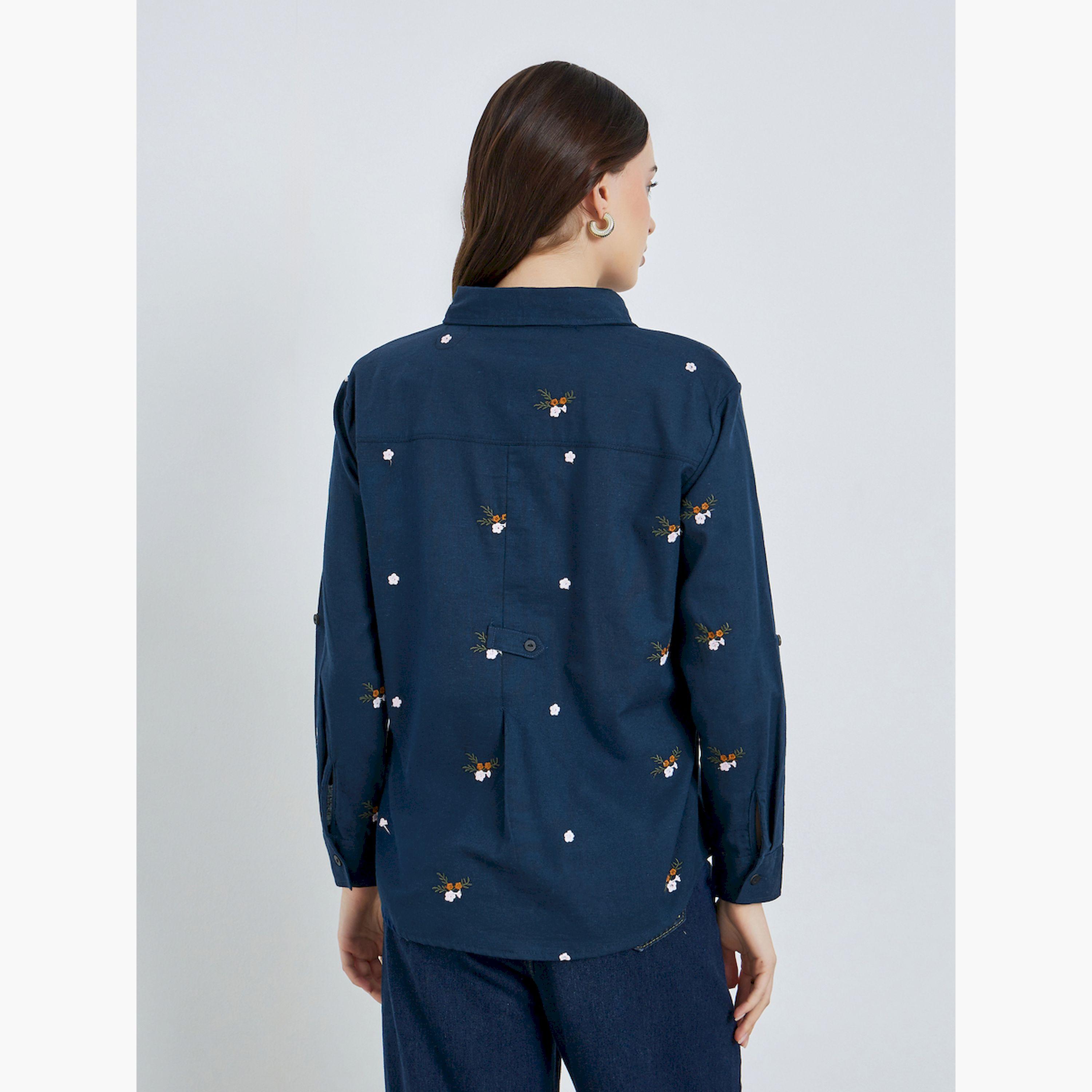Styli Women Navy Blue Floral Embroidered Shirt-women-clothing-shirtsandblouses-shirts-image-4