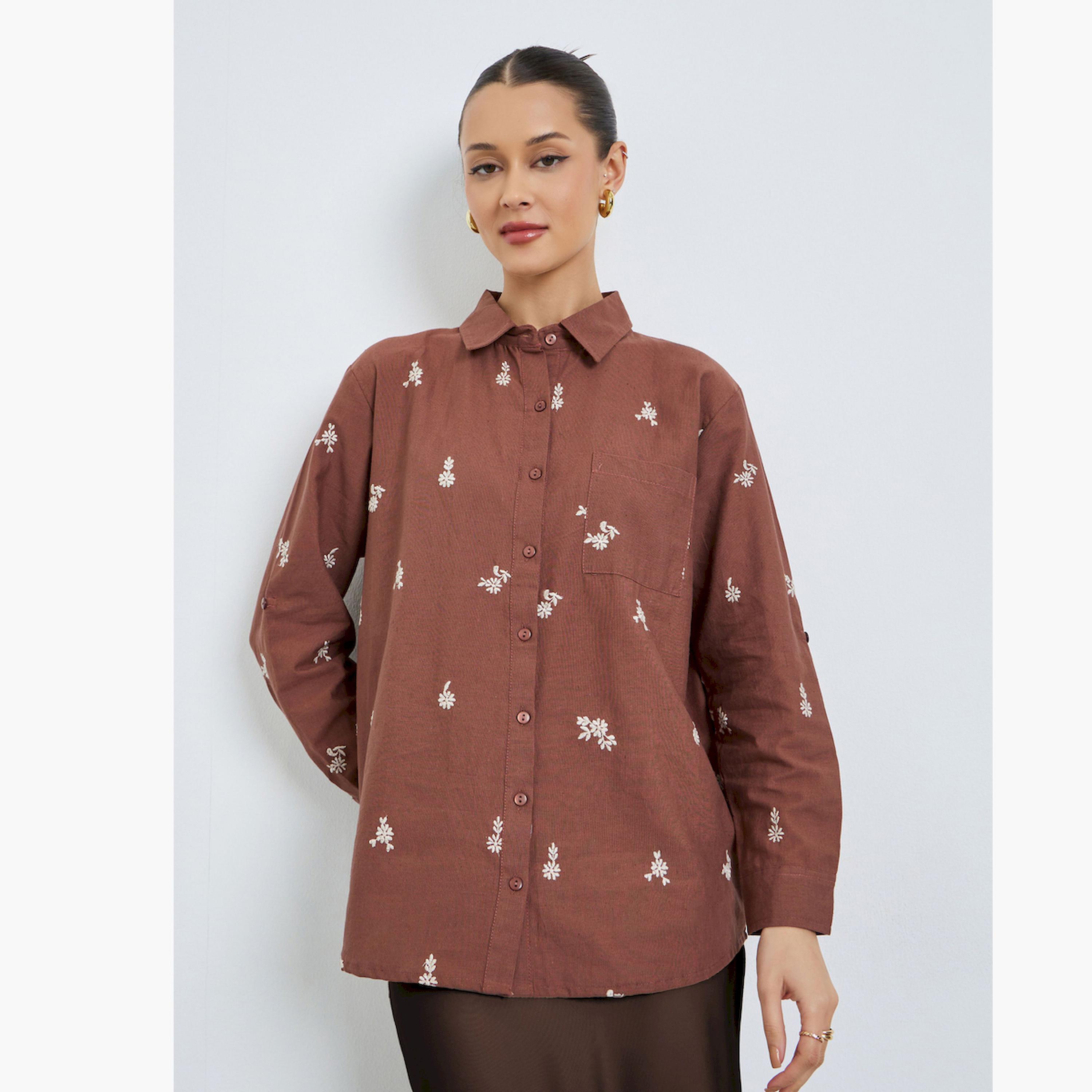 Styli Brown Floral Embroidered Long Sleeve Shirt-women-clothing-shirtsandblouses-shirts-image-1