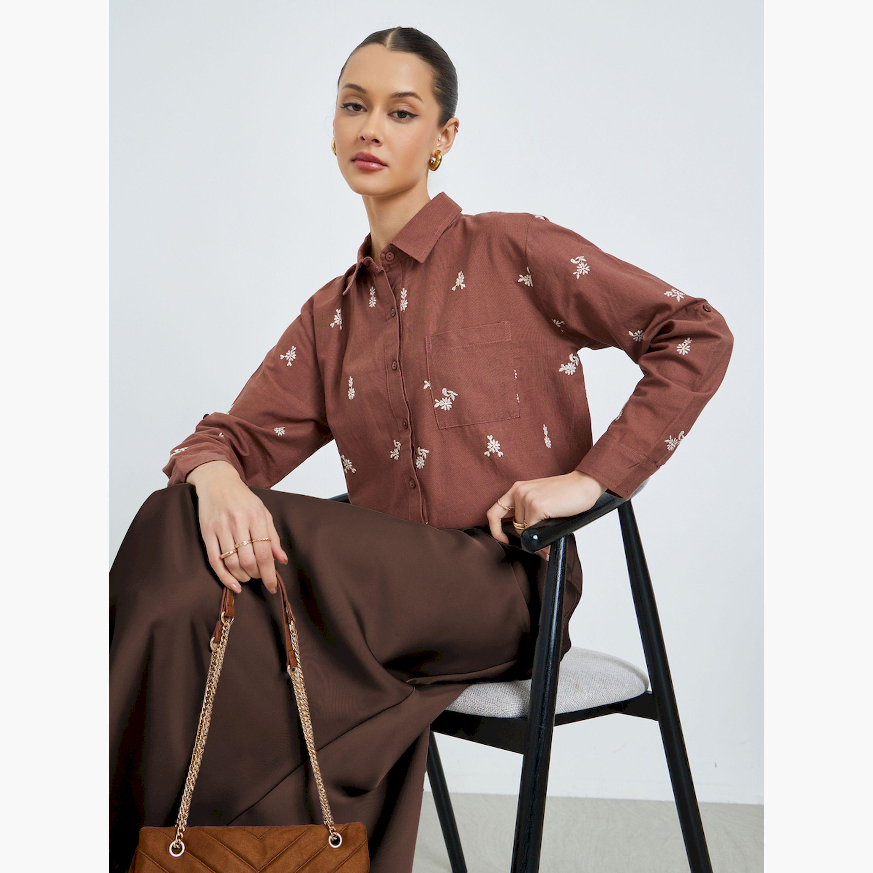 Styli Brown Floral Embroidered Long Sleeve Shirt-women-clothing-shirtsandblouses-shirts-image-3