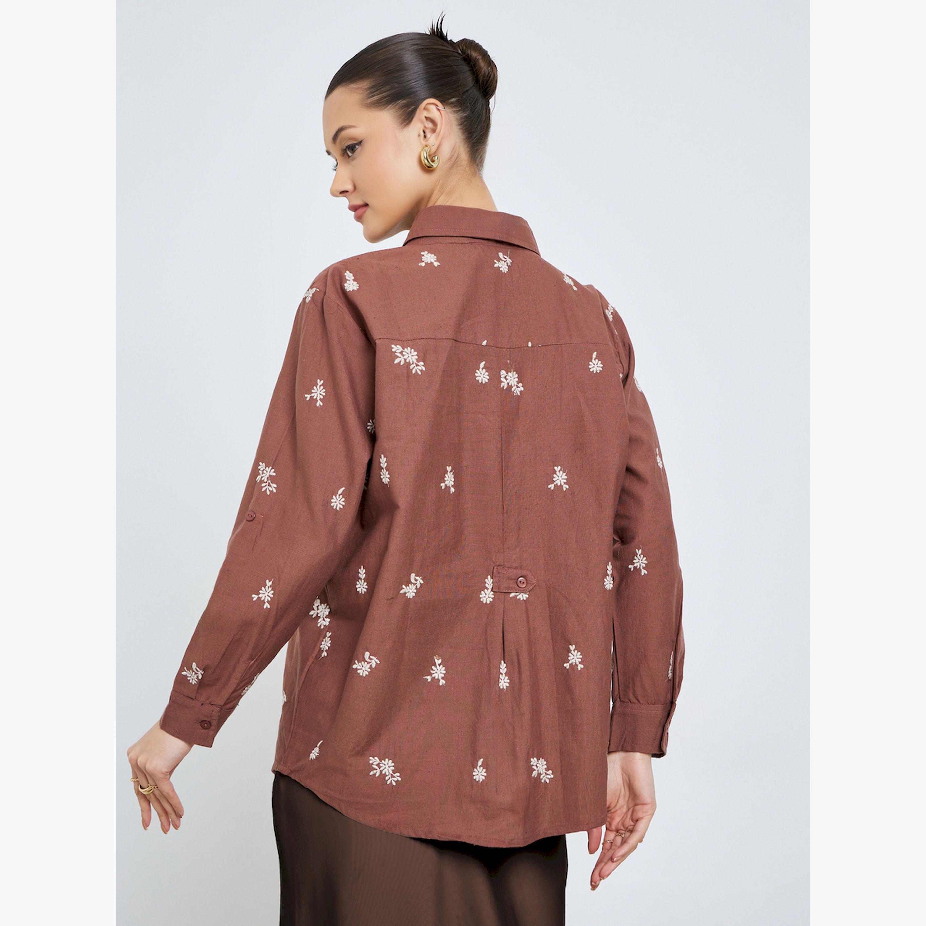 Styli Brown Floral Embroidered Long Sleeve Shirt-women-clothing-shirtsandblouses-shirts-image-4