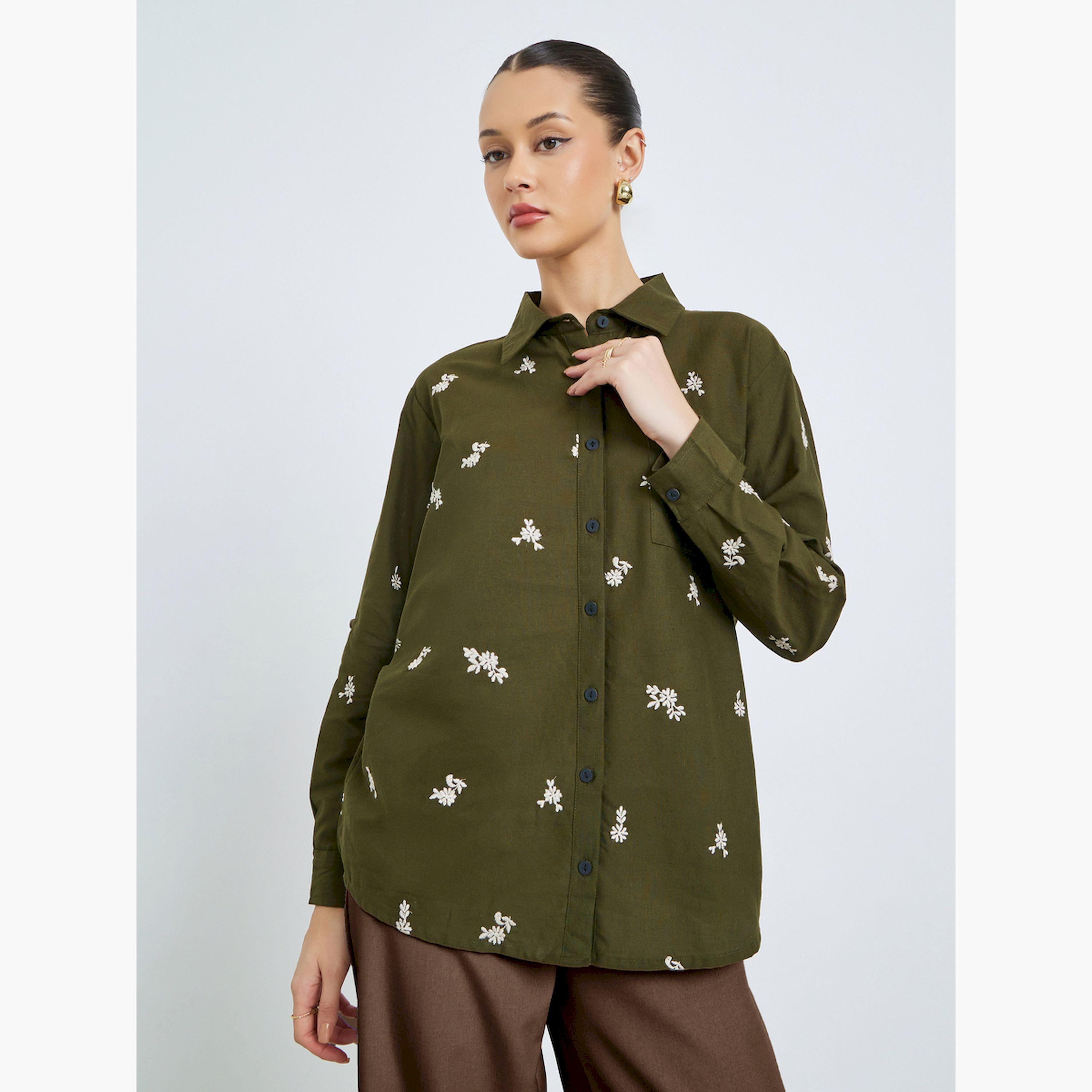 Styli Olive Embroidered Long Sleeve Shirt-women-clothing-shirtsandblouses-shirts-image-1