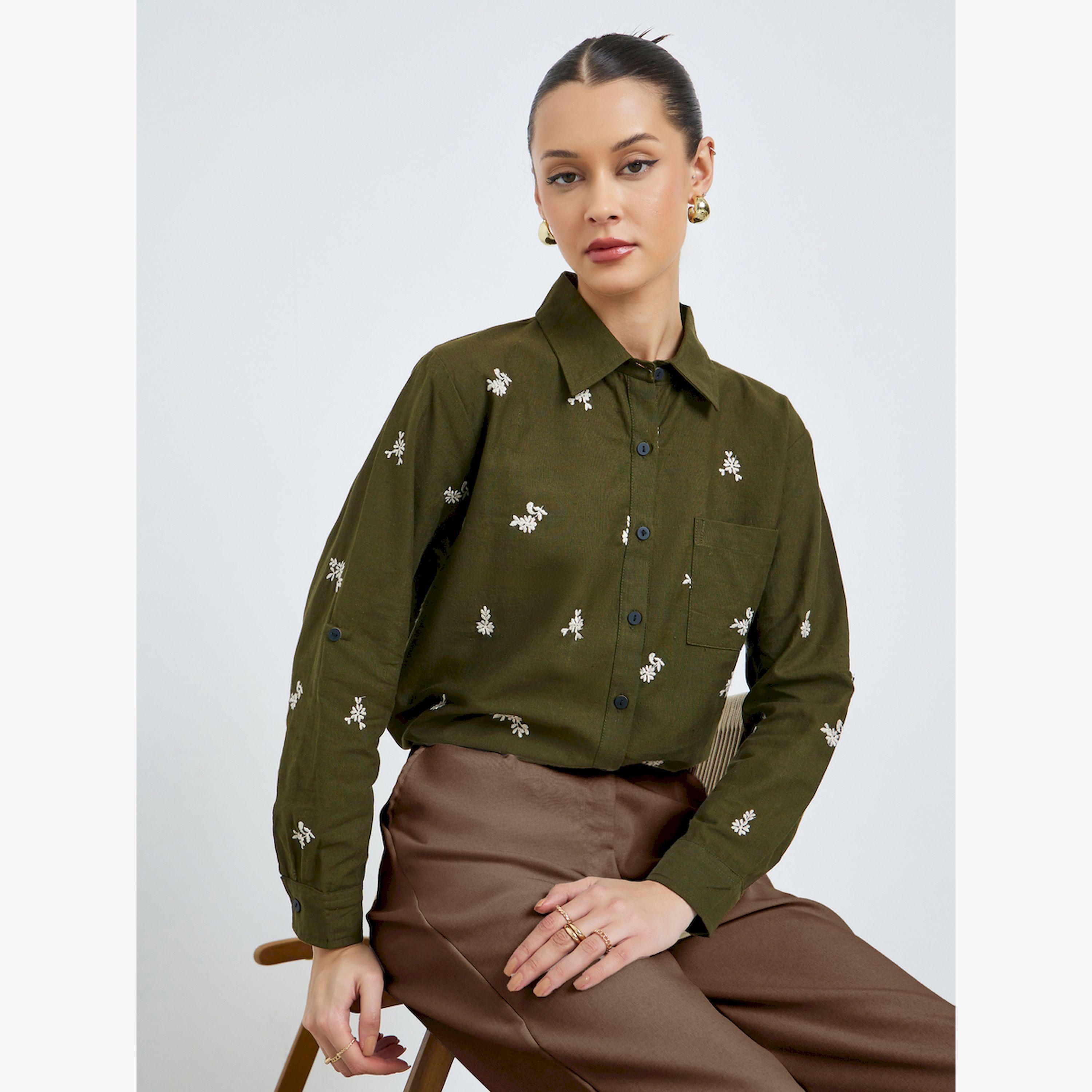 Styli Olive Embroidered Long Sleeve Shirt-women-clothing-shirtsandblouses-shirts-image-3