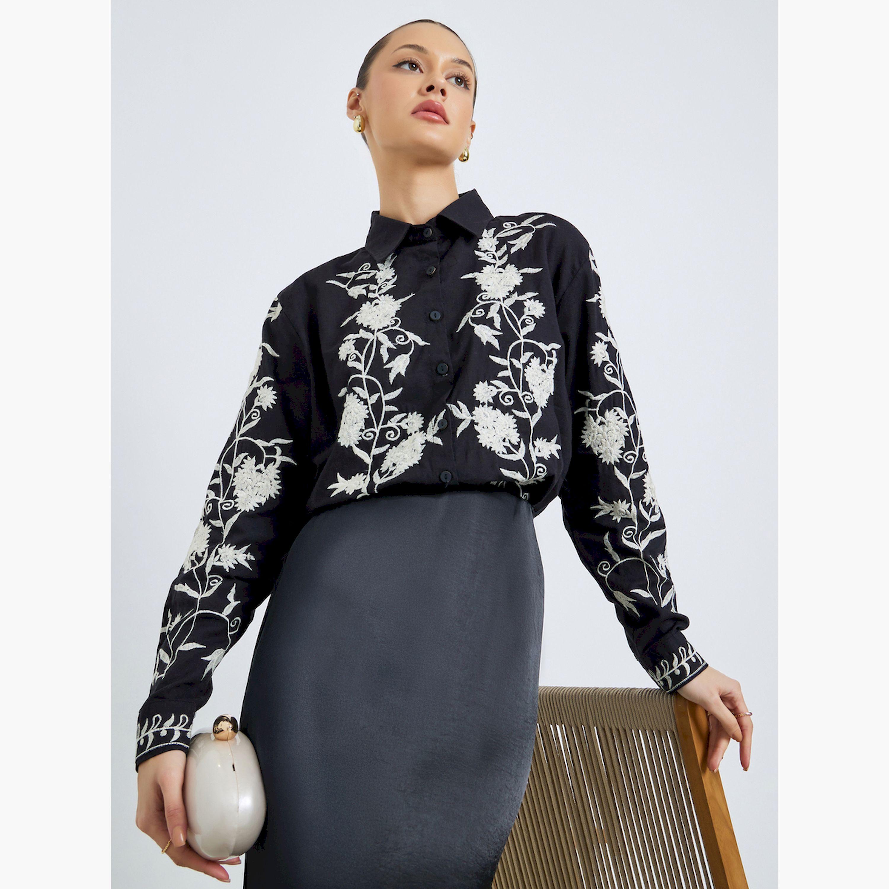 Styli Black Floral Embroidered Shirt-women-clothing-shirtsandblouses-shirts-image-3
