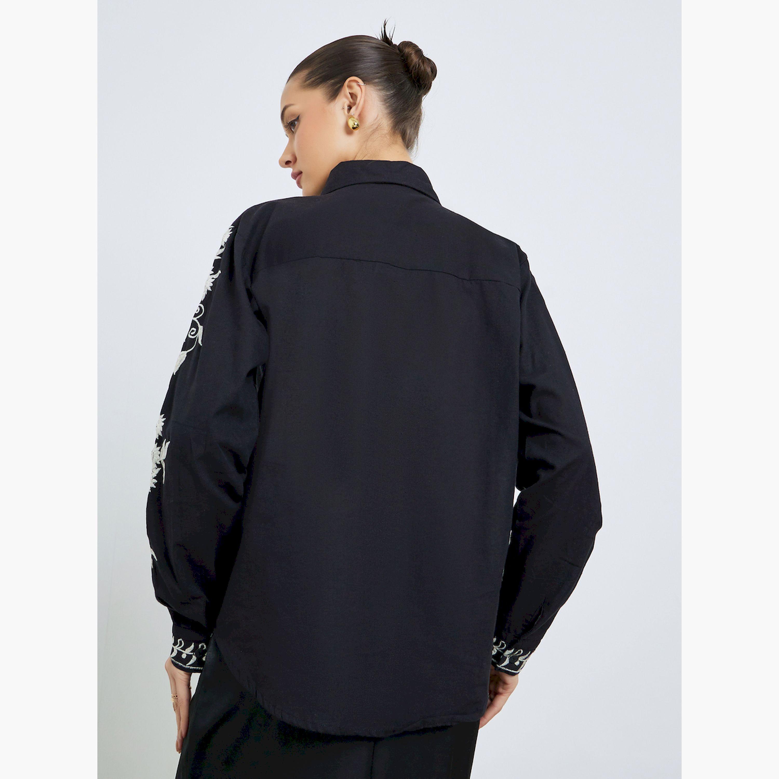 Styli Black Floral Embroidered Shirt-women-clothing-shirtsandblouses-shirts-image-4