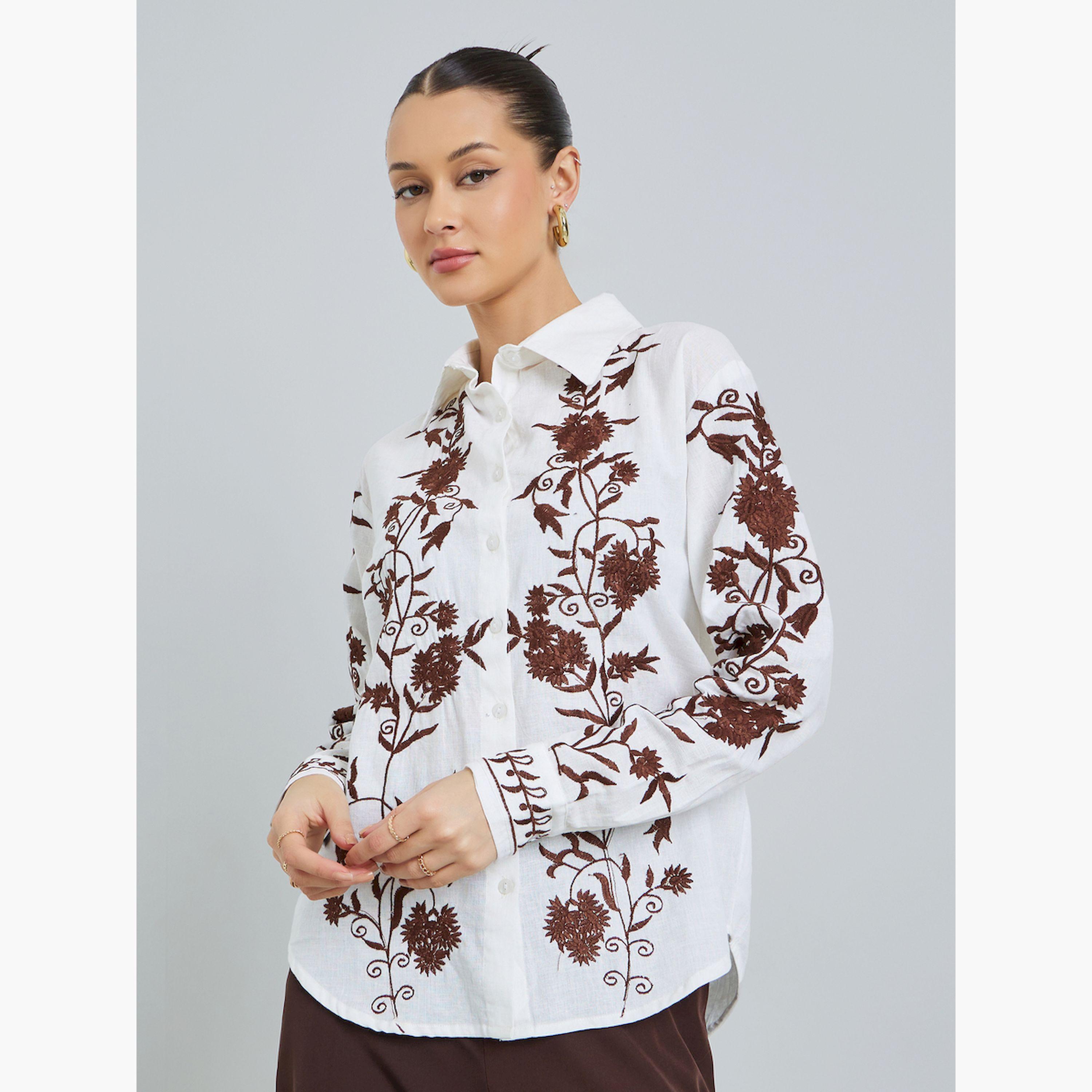 Styli Off-White Floral Embroidered Shirt-women-clothing-shirtsandblouses-shirts-image-1