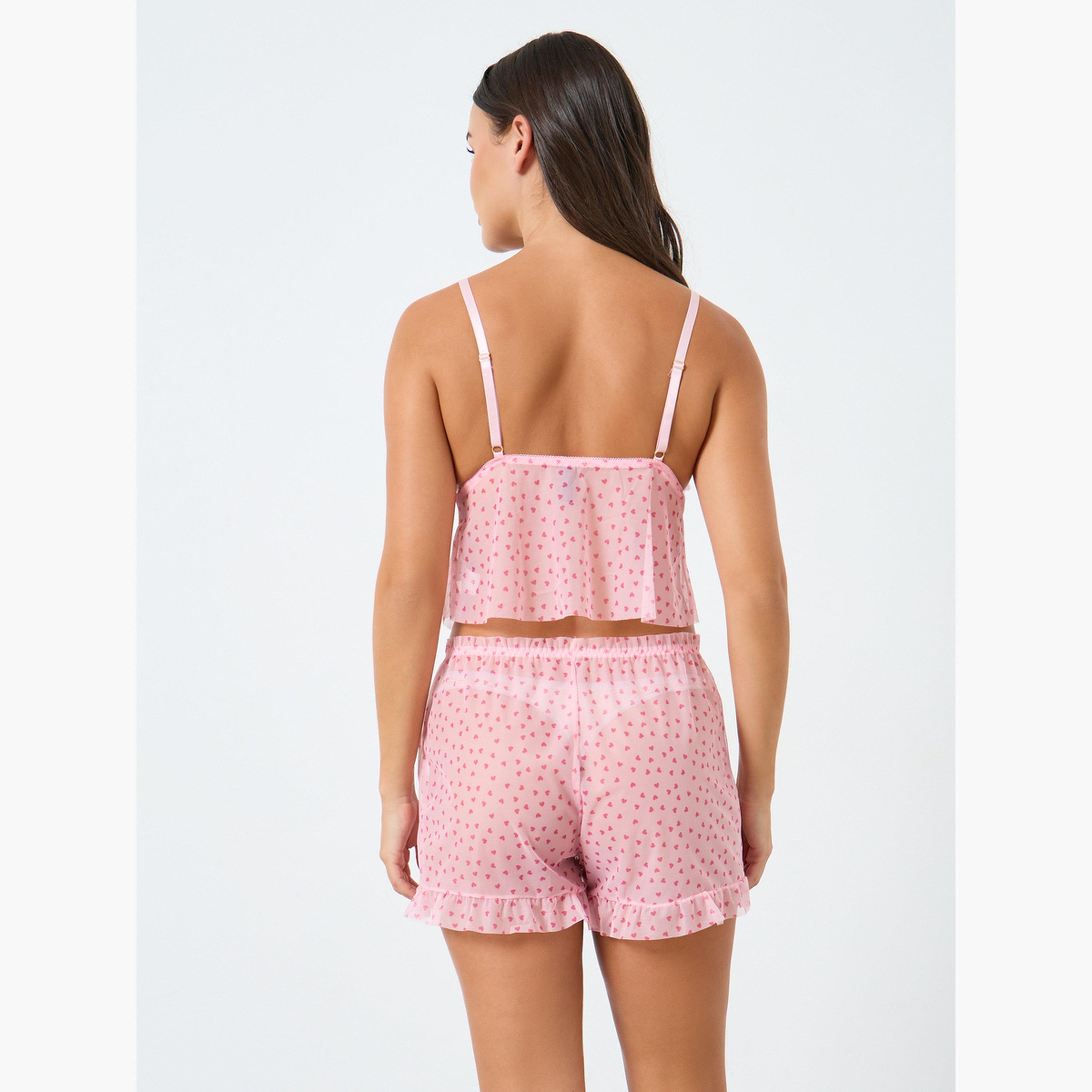 ستايلي - بلوزة محبوكة بطبعة قلب وشورت مع فيونكة ساتان-women-clothing-lingerie-lingeriesets-image-3