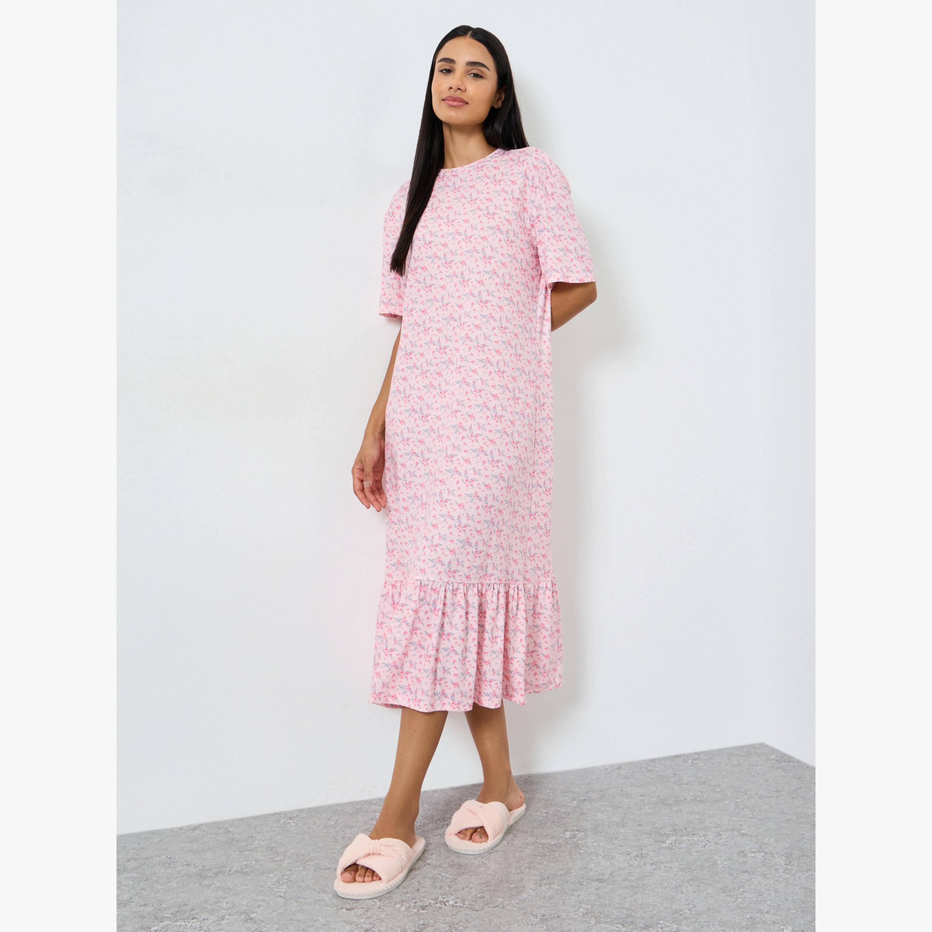 فستان تيشيرت نوم مطبوع بحافة كشكش واسعة-women-clothing-nightwear-nighties-image-1