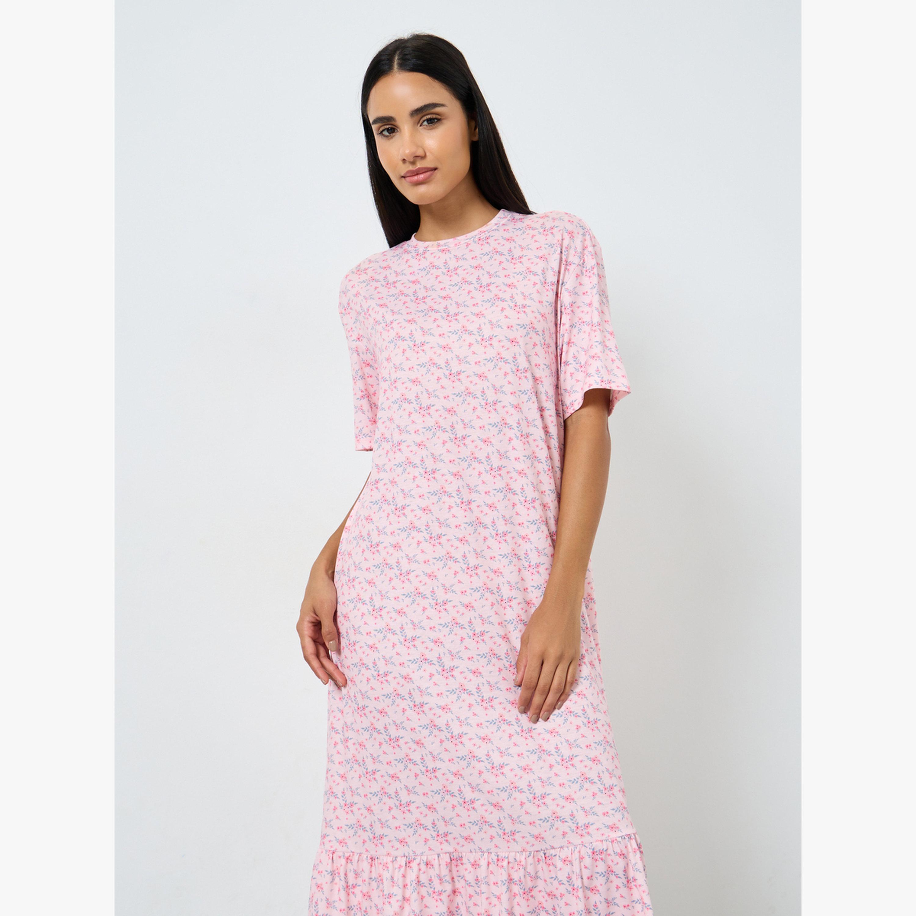 Styli Wide Ruffle Hem Ditsy Print Sleep T-Shirt Dress-women-clothing-nightwear-nighties-image-2