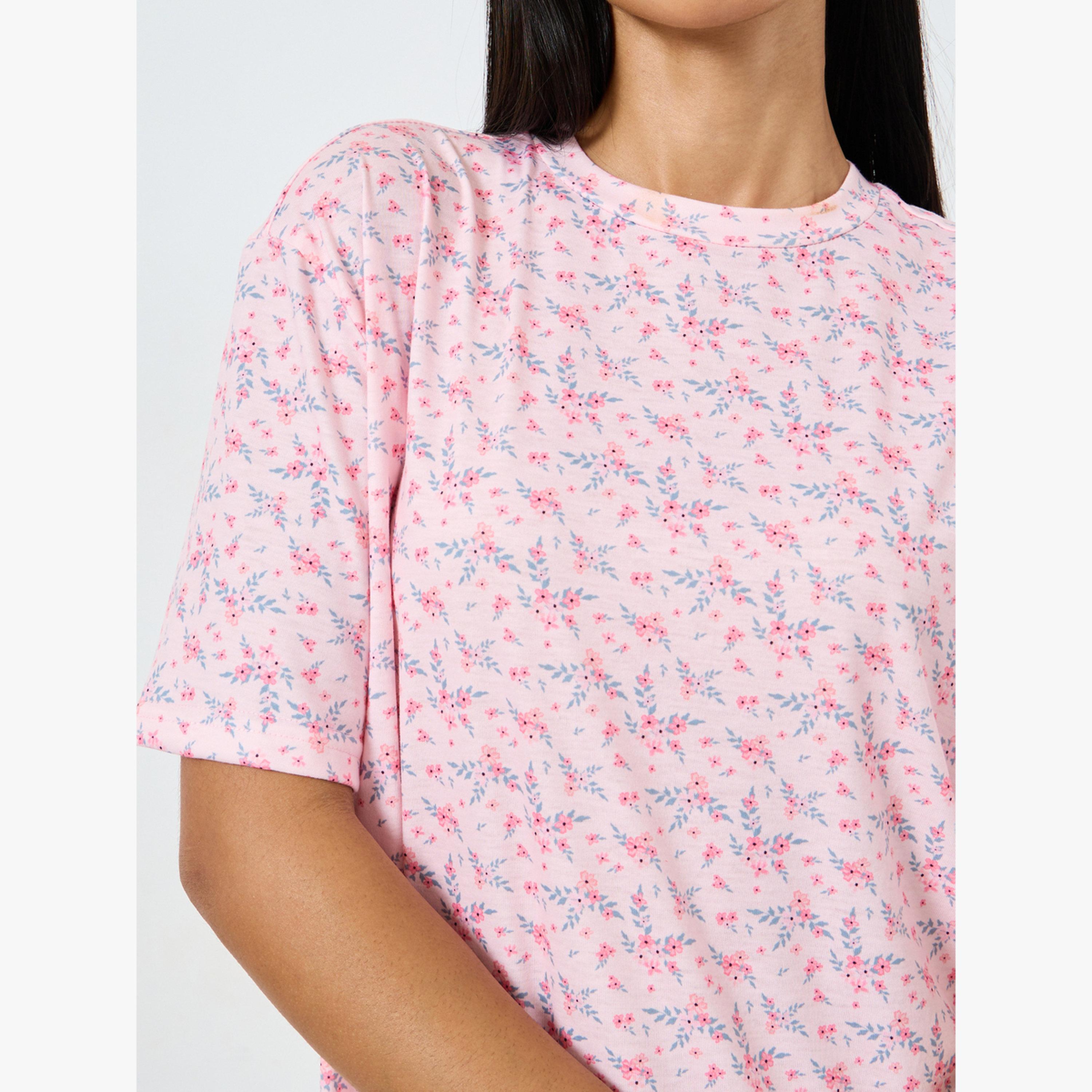 Styli Wide Ruffle Hem Ditsy Print Sleep T-Shirt Dress-women-clothing-nightwear-nighties-image-3