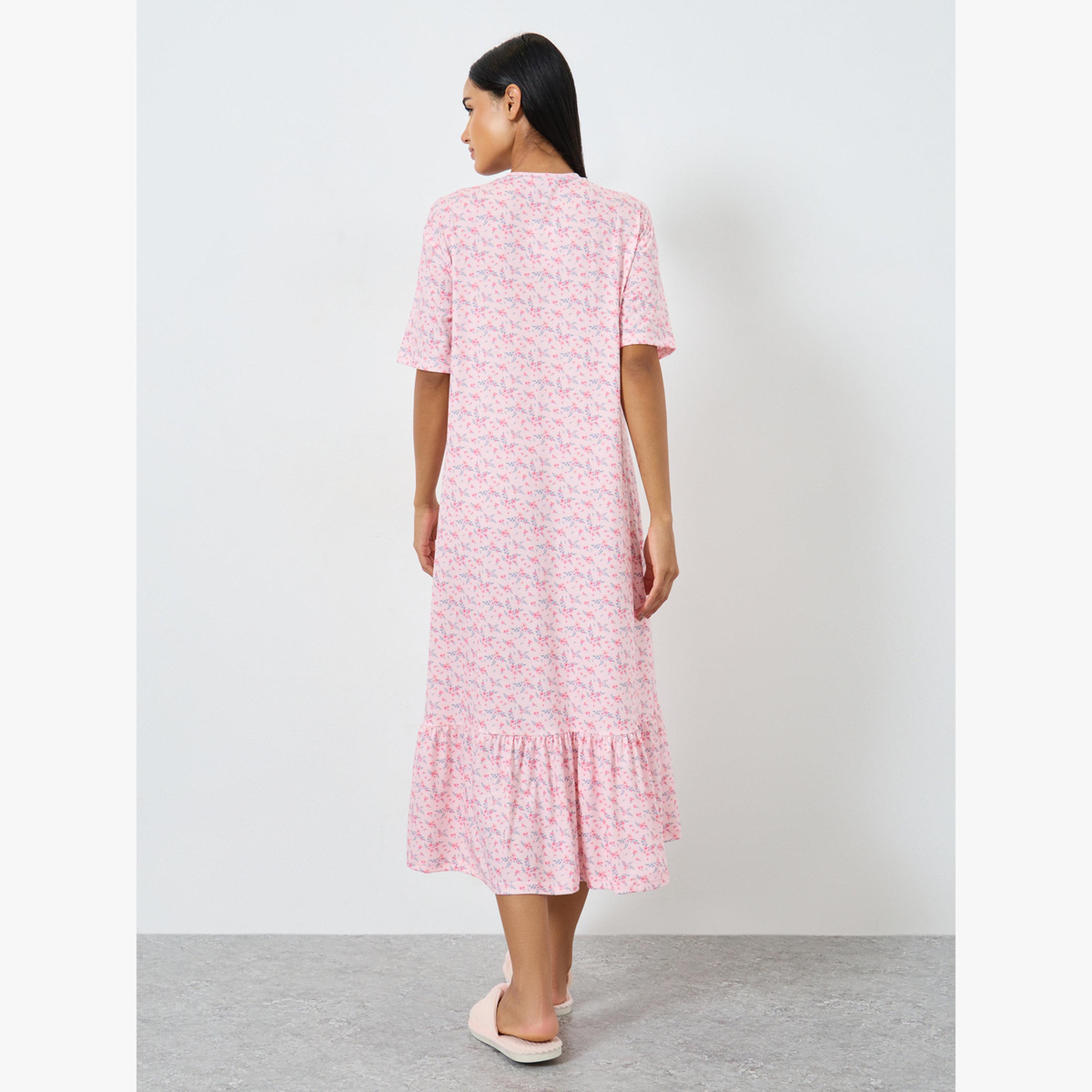فستان تيشيرت نوم مطبوع بحافة كشكش واسعة-women-clothing-nightwear-nighties-image-4