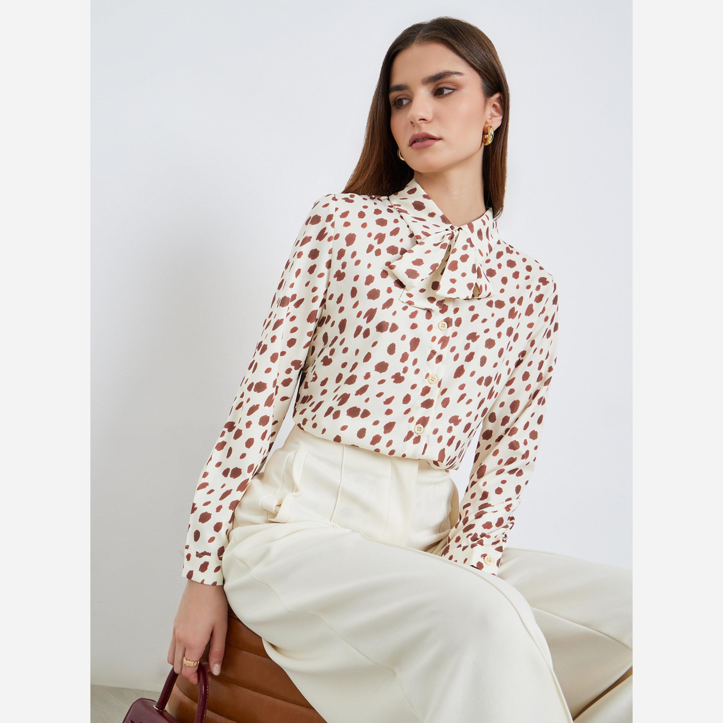 Styli Women Beige Animal Print Tie-Neck Shirt-women-clothing-shirtsandblouses-blouses-image-3