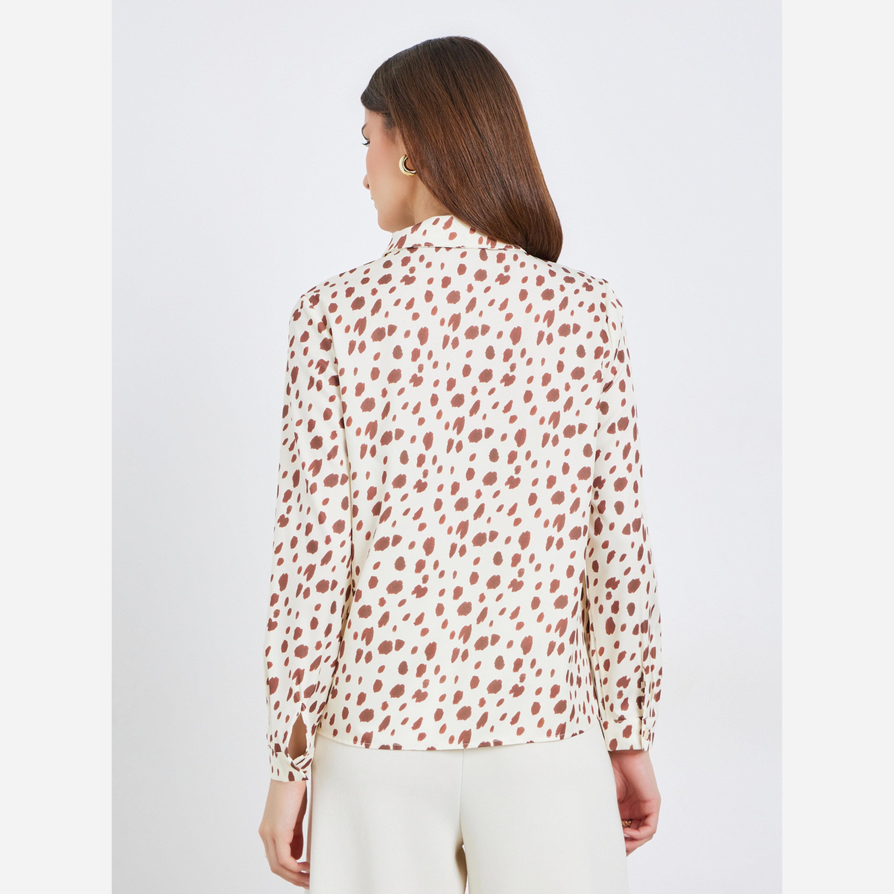 ستايلي - قميص نسائي لون بيج طبعة جلد حيوانية بربطة عنق-women-clothing-shirtsandblouses-blouses-image-5