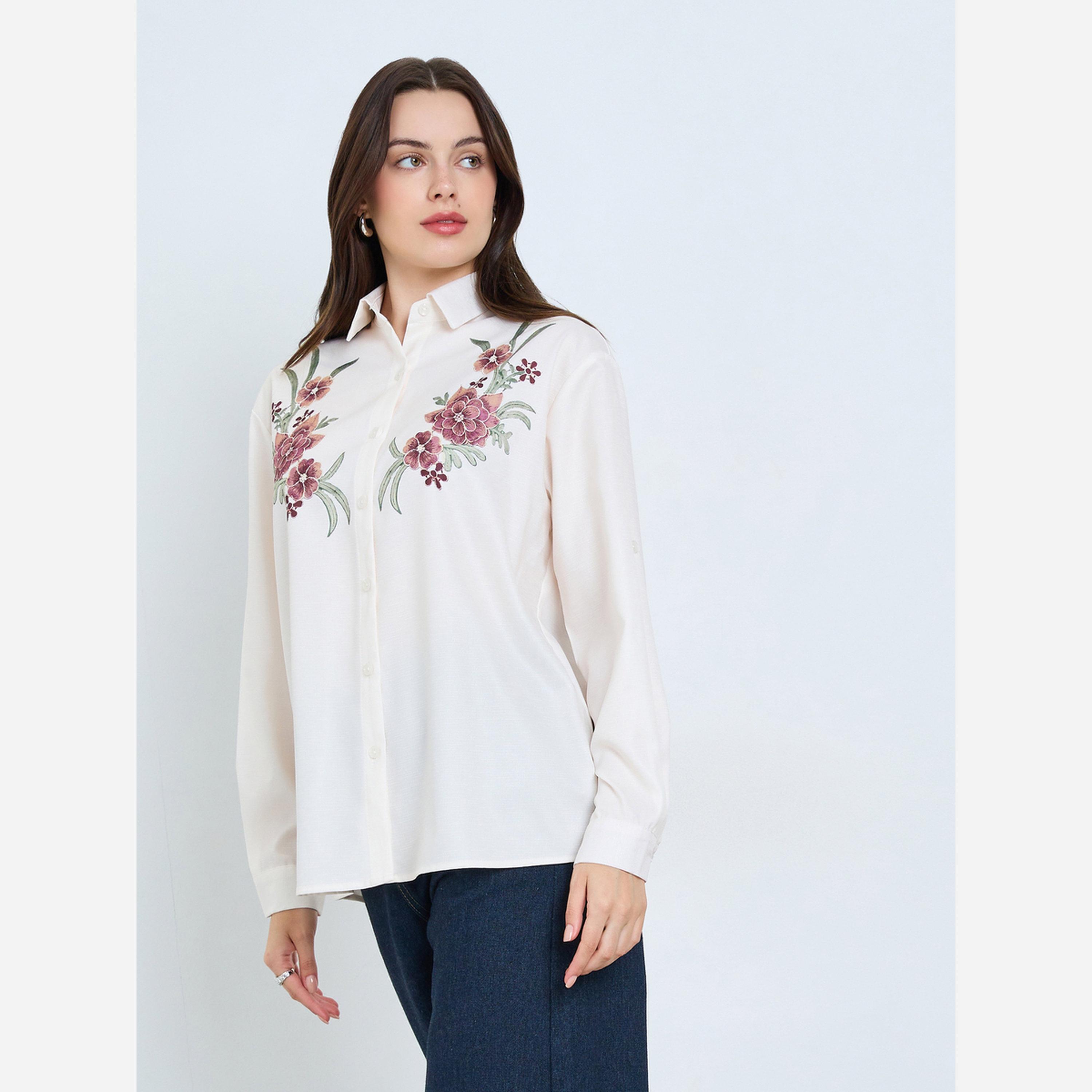 ستايلي - قميص لون بيج مطرز بالزهور أكمام طويلة-women-clothing-shirtsandblouses-shirts-image-1