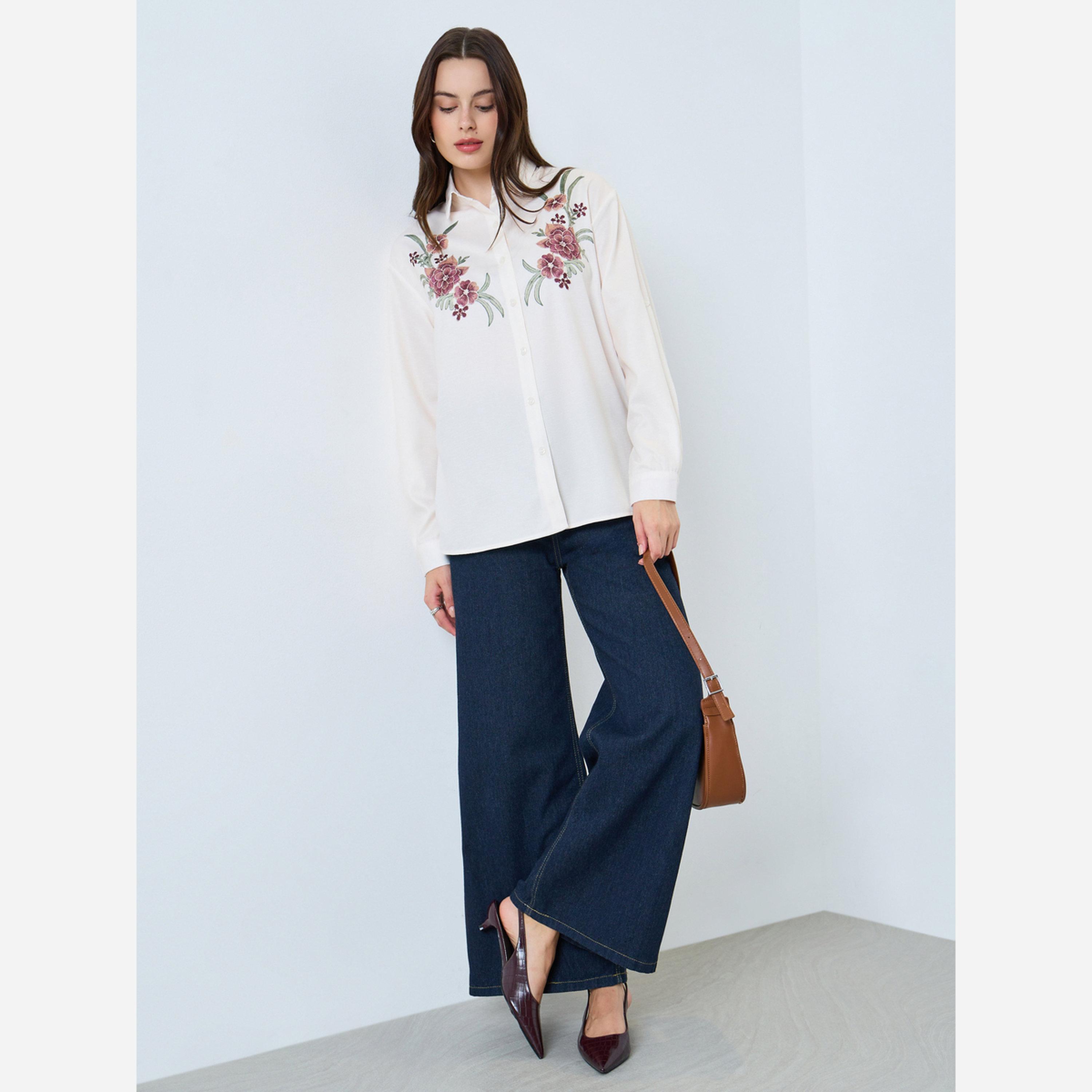 ستايلي - قميص لون بيج مطرز بالزهور أكمام طويلة-women-clothing-shirtsandblouses-shirts-image-2
