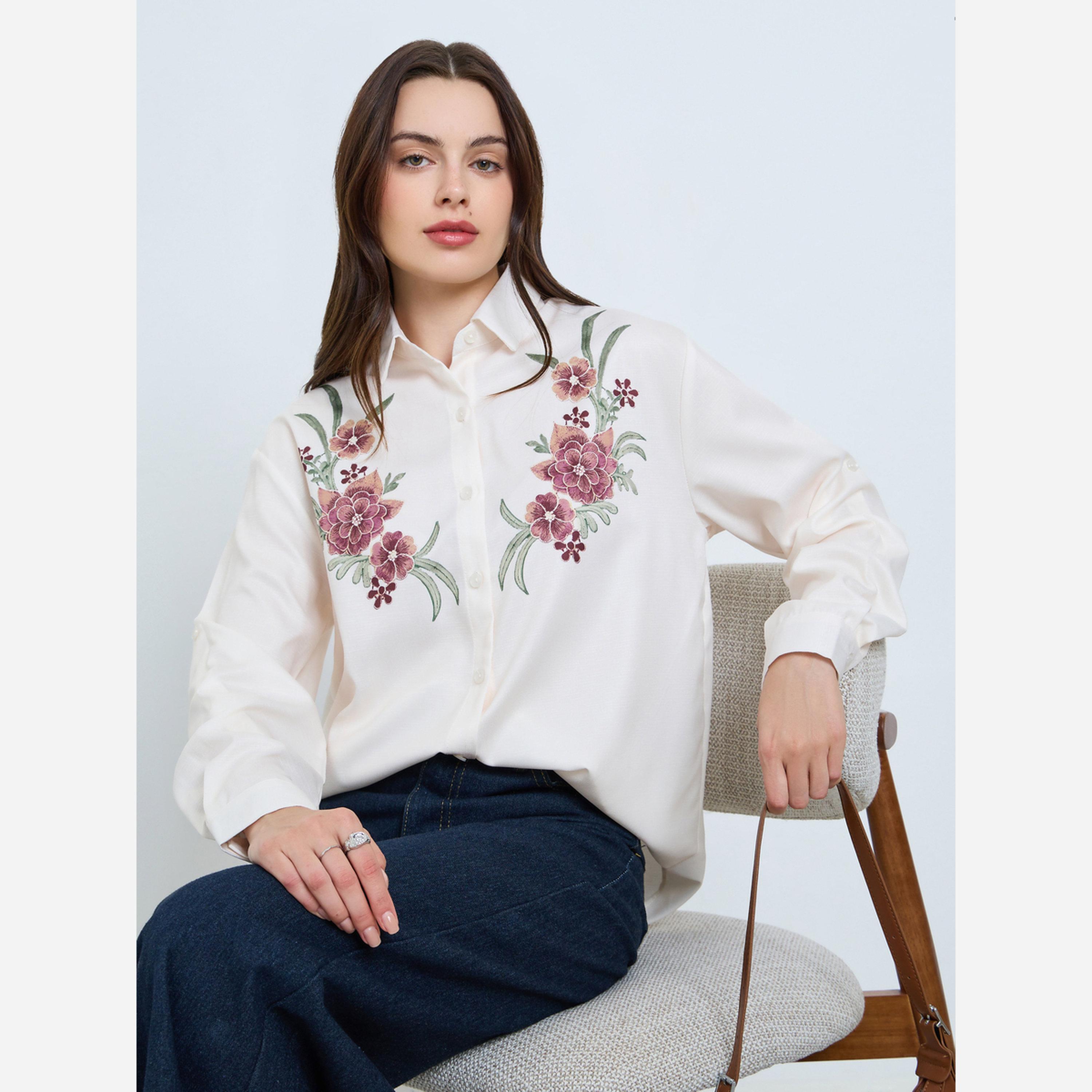 ستايلي - قميص لون بيج مطرز بالزهور أكمام طويلة-women-clothing-shirtsandblouses-shirts-image-3