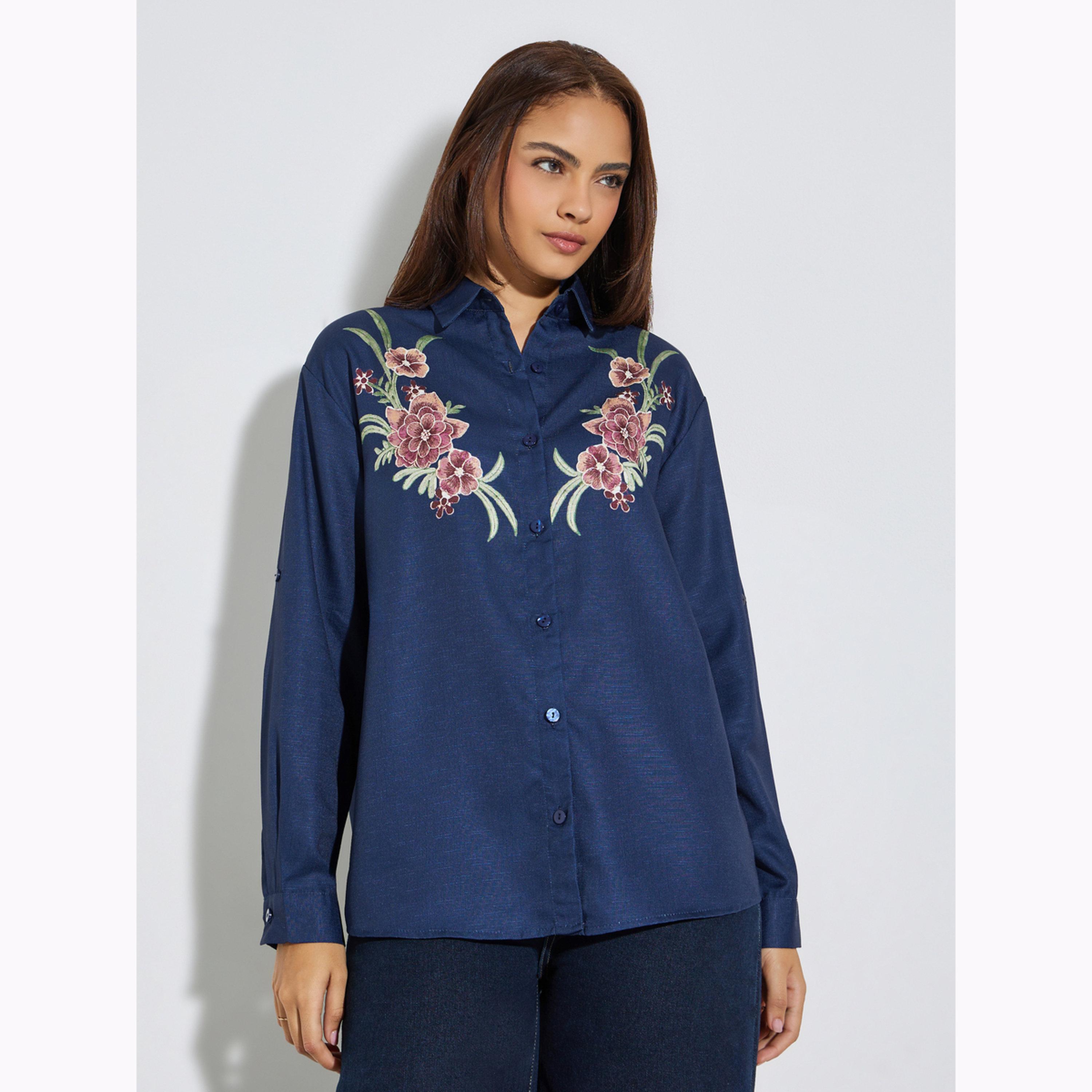 Styli Navy Blue Floral Embroidered Long Sleeve Shirt-women-clothing-shirtsandblouses-shirts-image-1