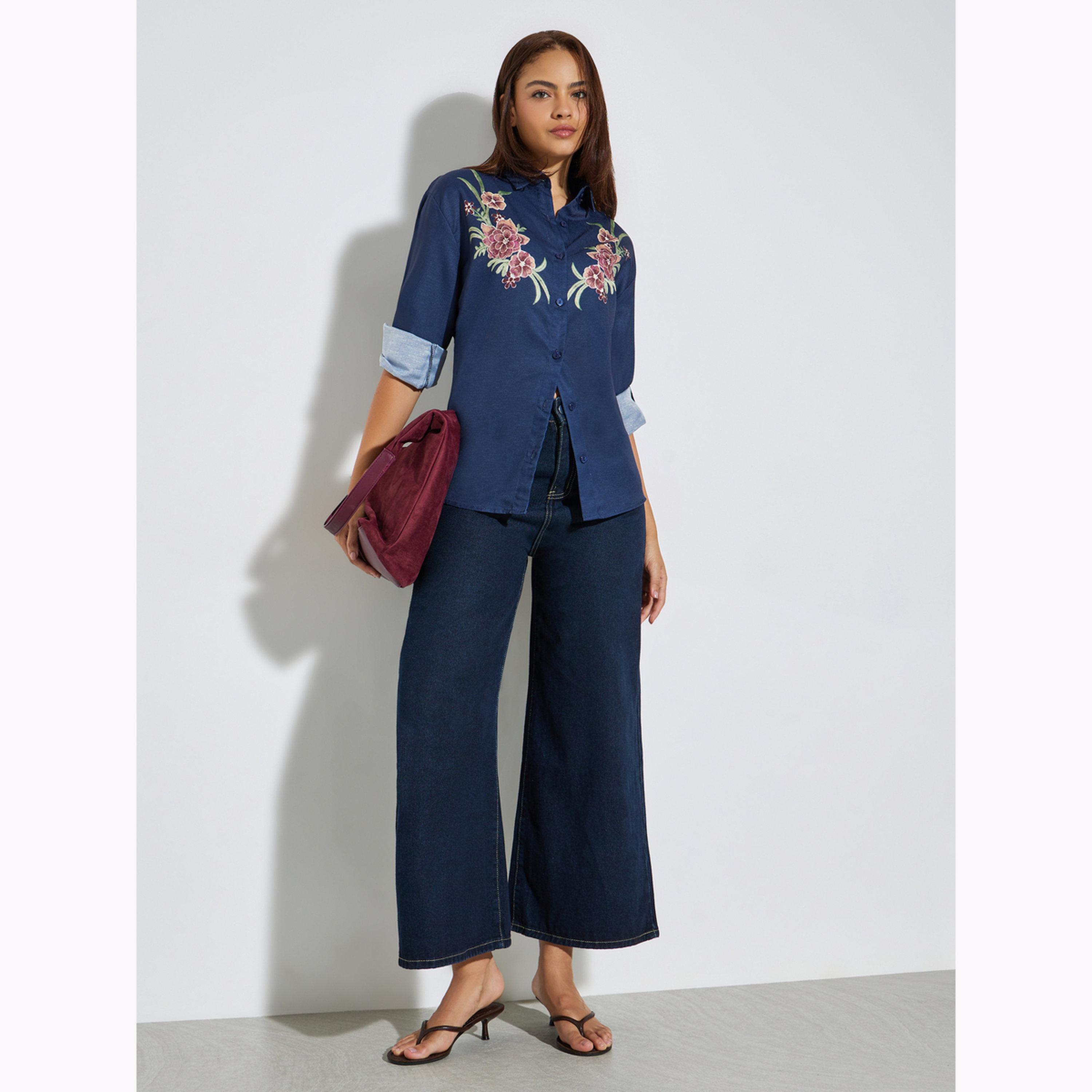 بلوزة بأكمام طويلة ومطرزة بالزهور لون كحلي-women-clothing-shirtsandblouses-shirts-image-2