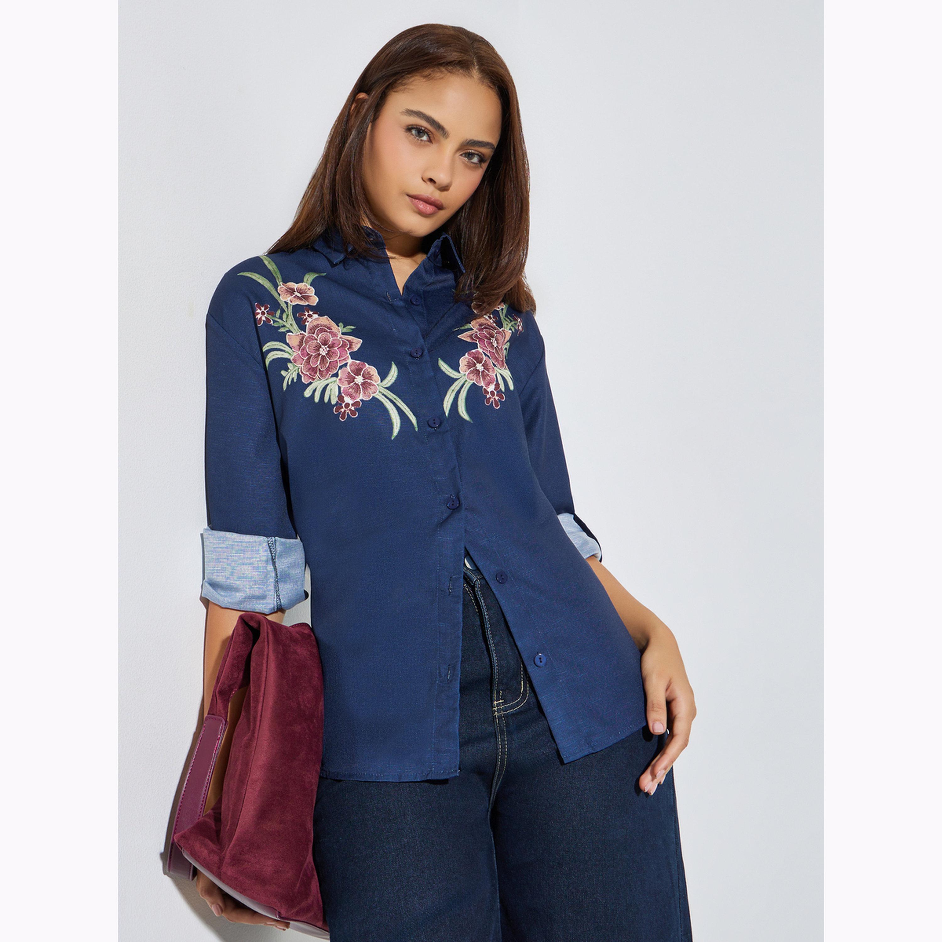 بلوزة بأكمام طويلة ومطرزة بالزهور لون كحلي-women-clothing-shirtsandblouses-shirts-image-4