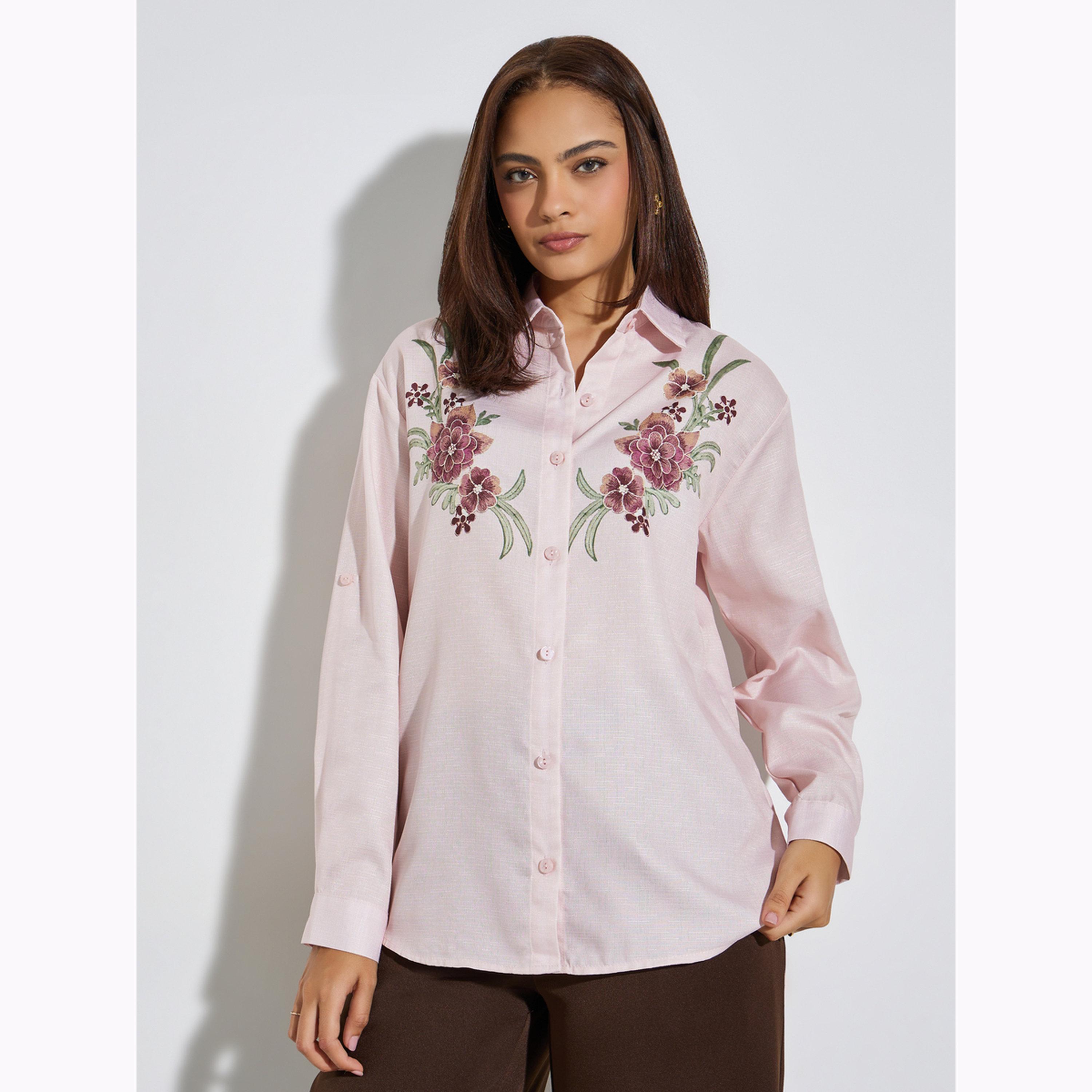 بلوزة بأكمام طويلة ومطرزة بالزهور لون وردي فاتح-women-clothing-shirtsandblouses-shirts-image-1