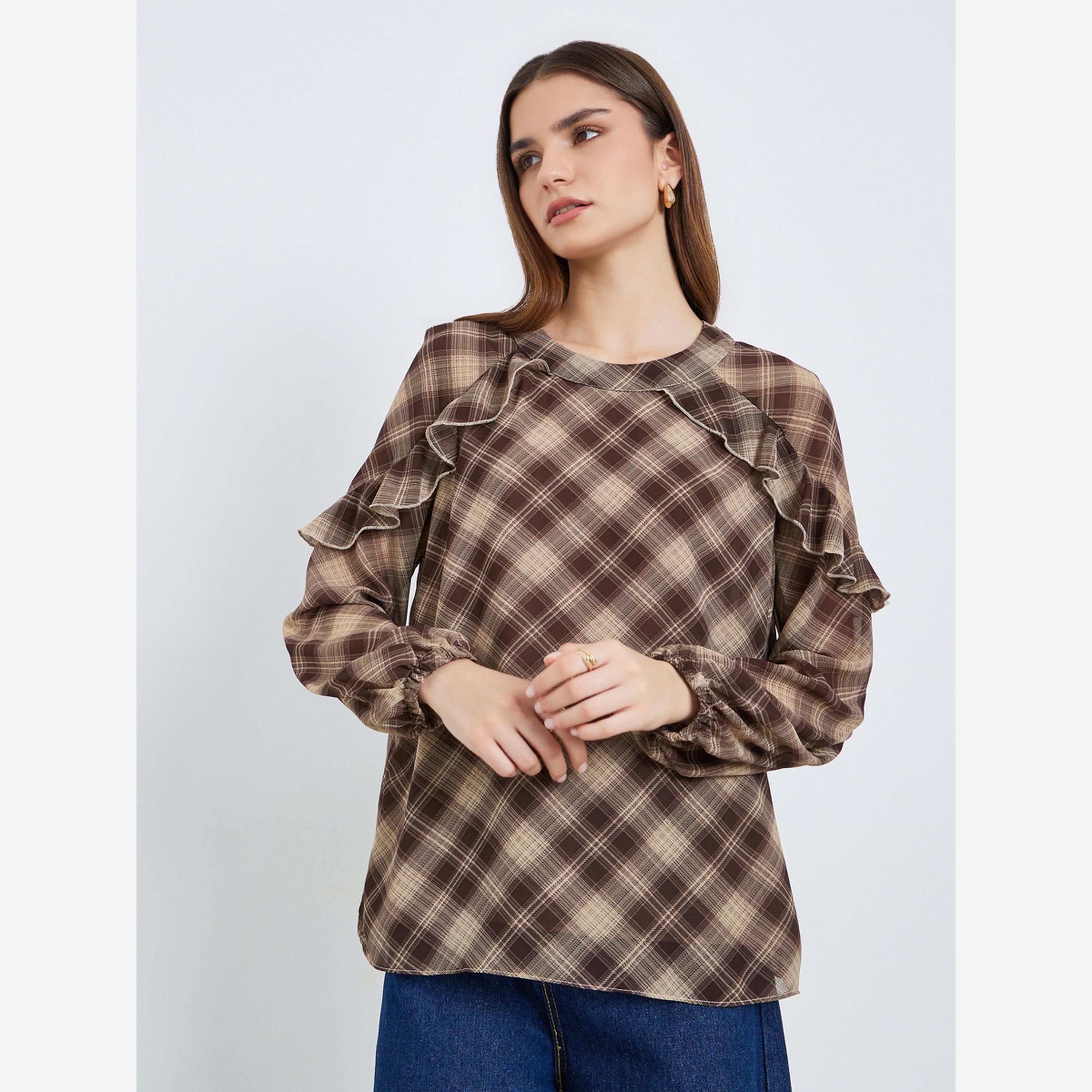 Styli Women Brown Plaid Ruffle Blouse-women-clothing-shirtsandblouses-blouses-image-1