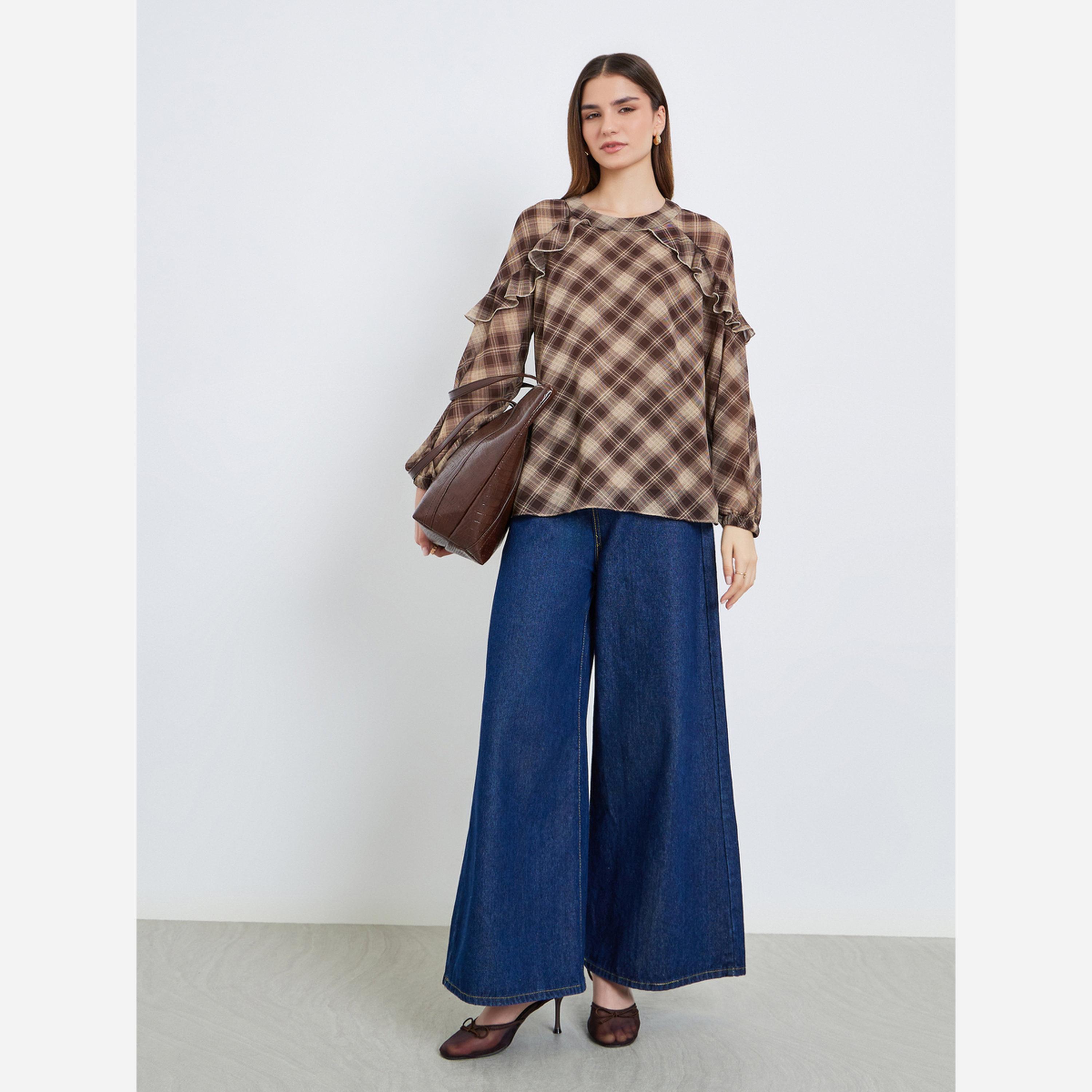 ستايلي - بلوزة للنساء لون بني طبعة مربعات وكشكشة-women-clothing-shirtsandblouses-blouses-image-2