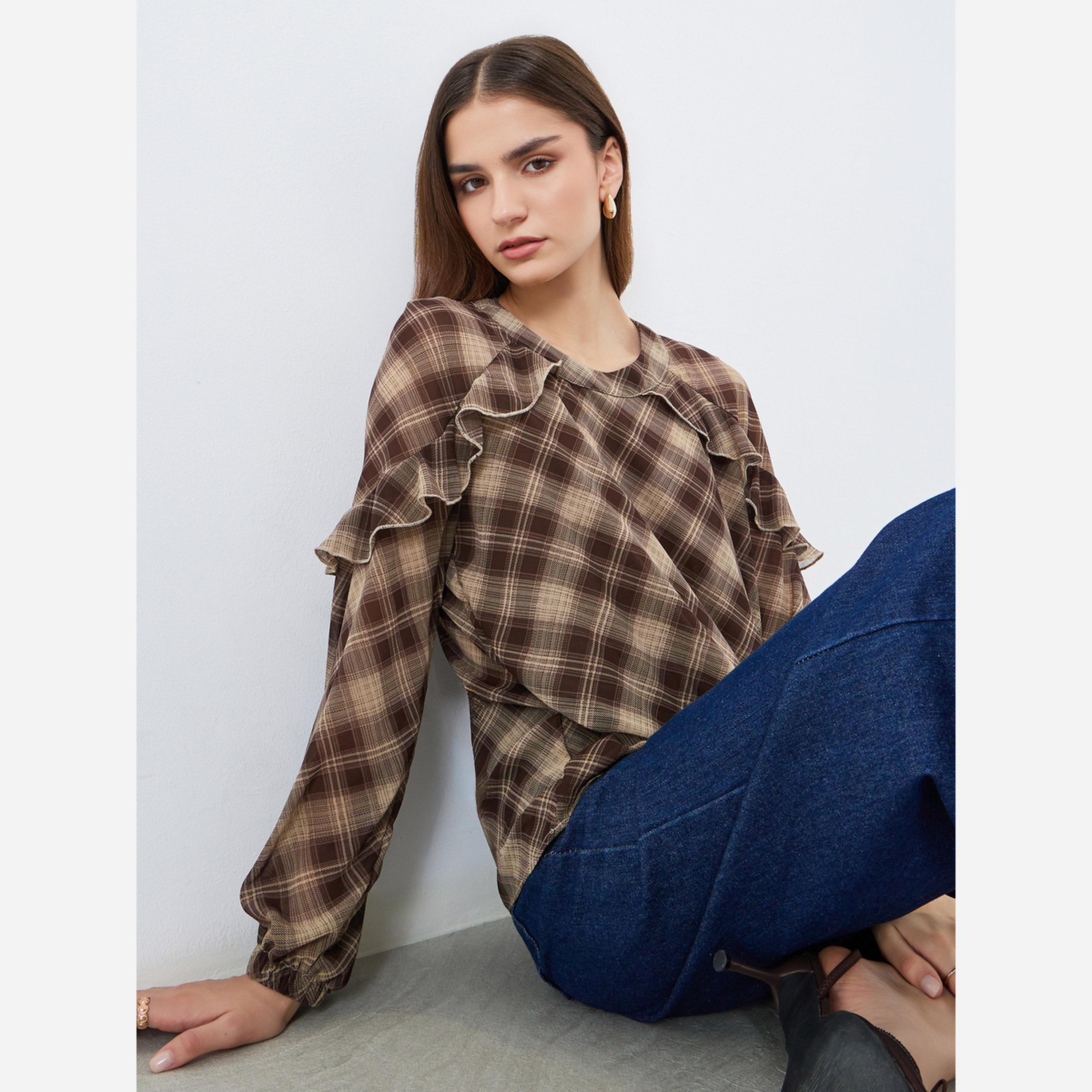 Styli Women Brown Plaid Ruffle Blouse-women-clothing-shirtsandblouses-blouses-image-3